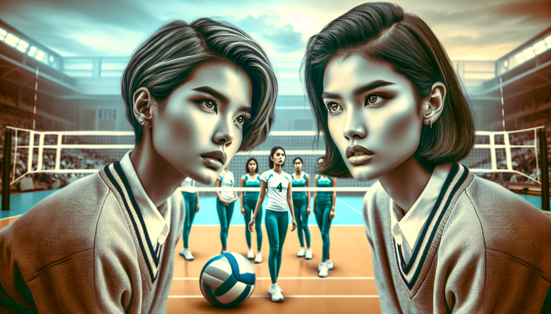 Two beautiful Asian mestiza college girls watching the volleyball practice. The one has short hair and the other has long hair.