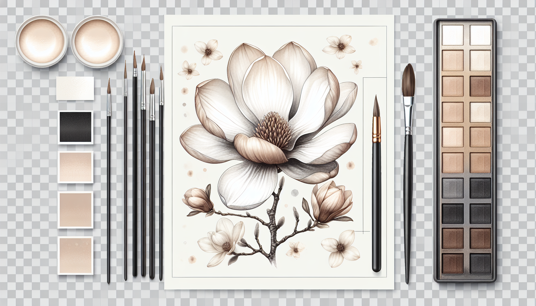 "Elegant magnolia flower pencil sketch with soft beige watercolor accents, minimalist luxurious aesthetic, vector t-shirt design, transparent background, ultra HD"