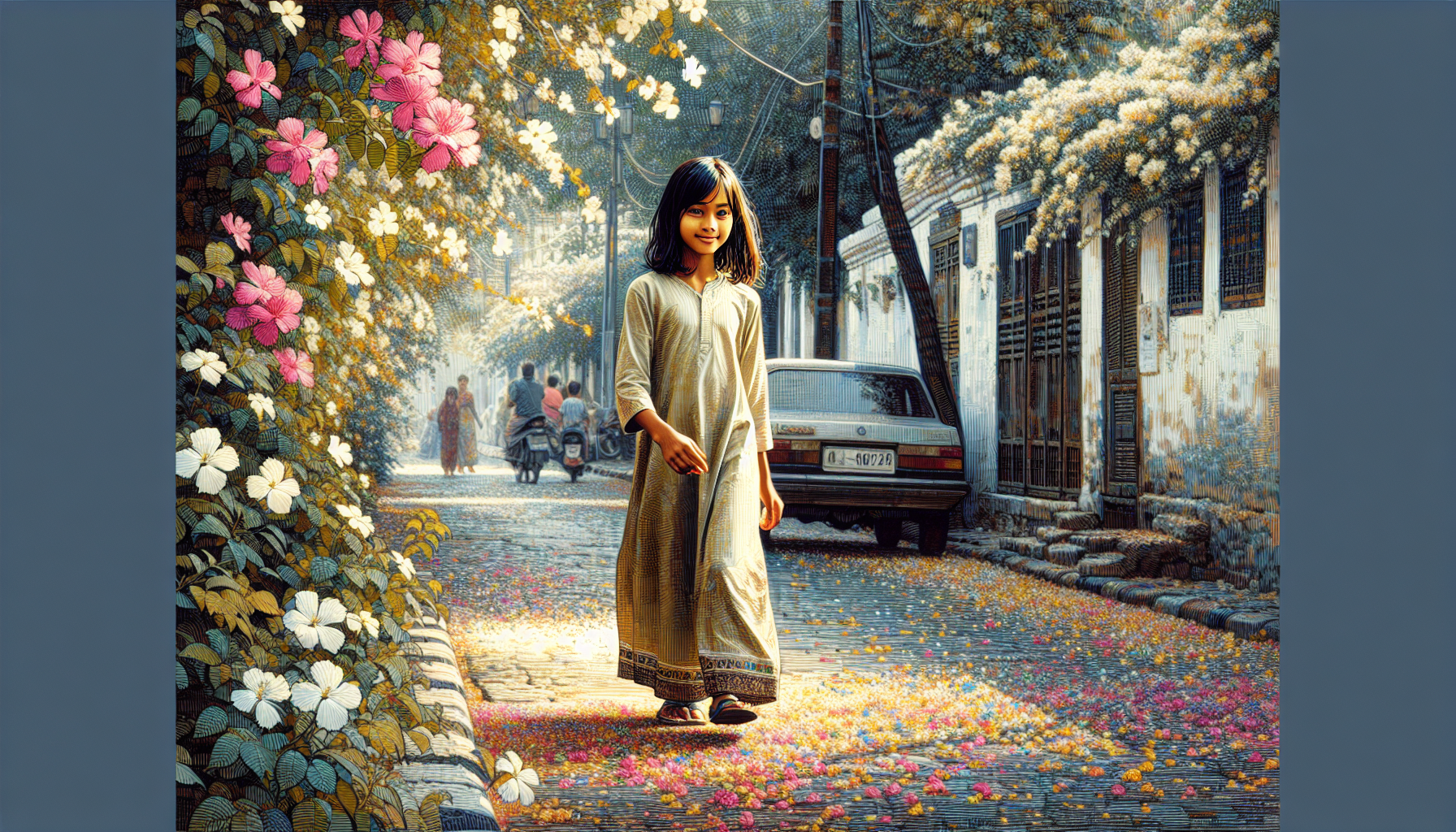 girl walking on street with nice folwers shedding 