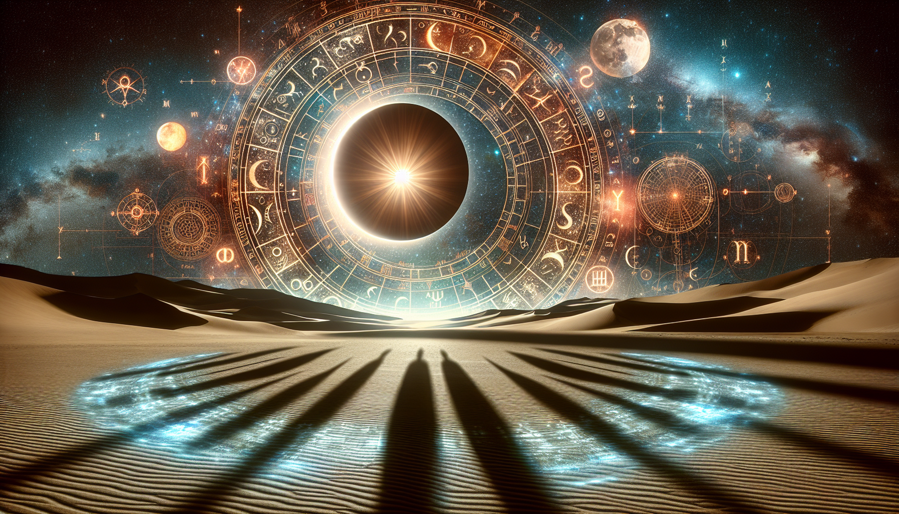 Celestial eclipse shadows crossing the desert, ancient astrological charts glowing in the night sky