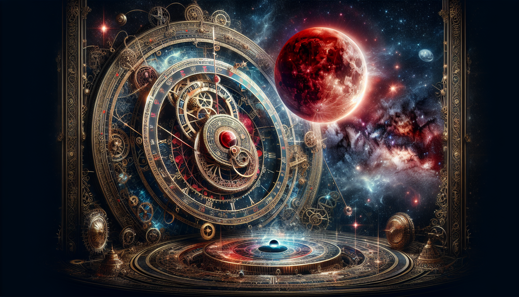 Astrological clock of the universe aligned under the crimson lunar eclipse