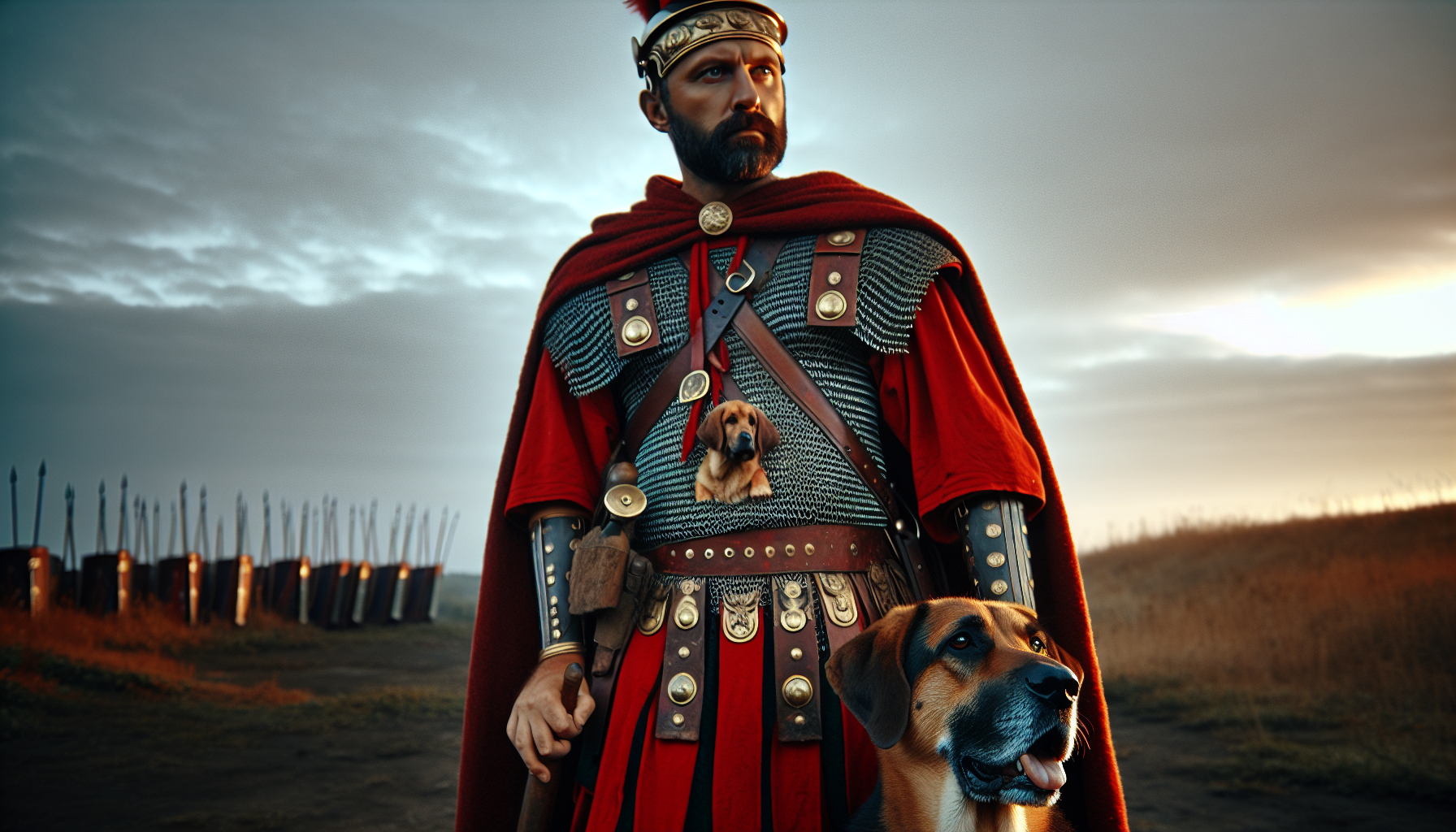 Diséñame un general romano con su perro minutos antes que comience la batalla ,y mirando al horizonte 