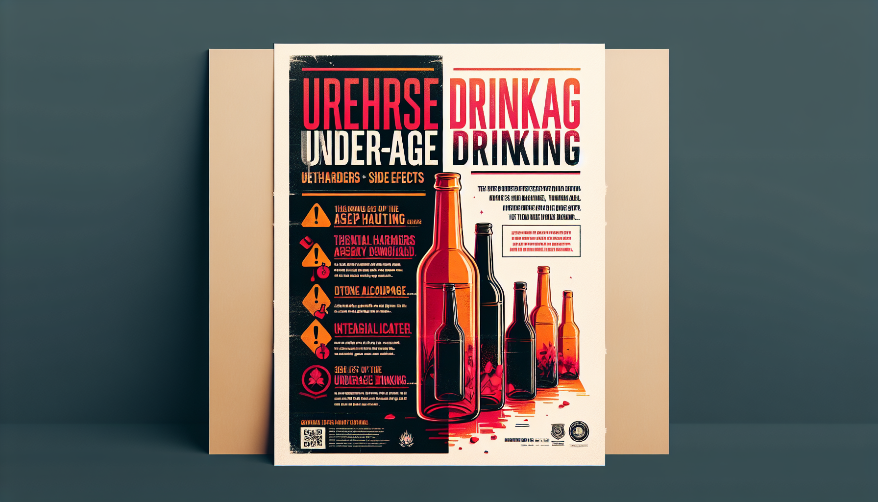 Create a poster ad for underage drinking. Have the main focus be empty bottles of alcohol with warnings and side effects of underage drinking. Use a mix of red, orange and black for the background. Make sure that teens will connect with this ad