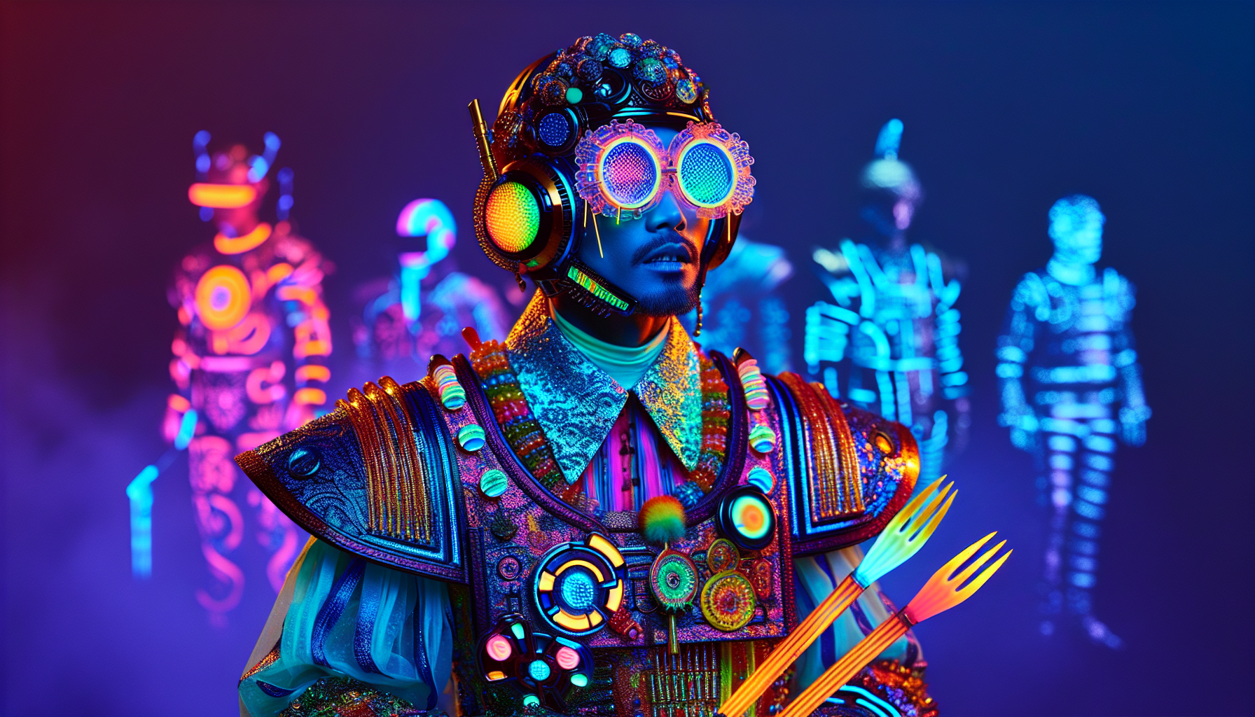 Quirky Aquarius woman wearing colorful futuristic clothes, glowing accessories