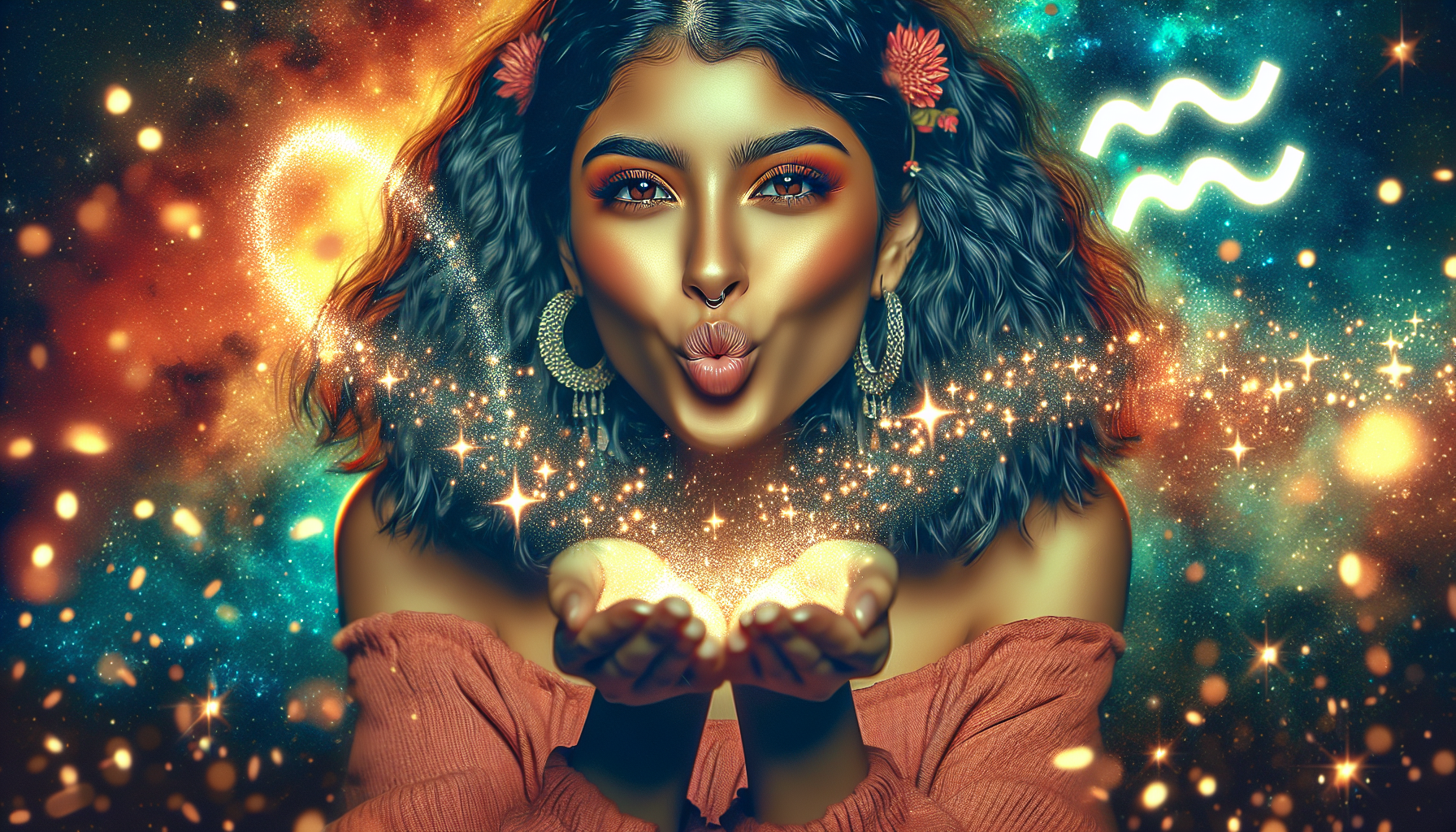 Playful Aquarius woman blowing glowing stardust in the air