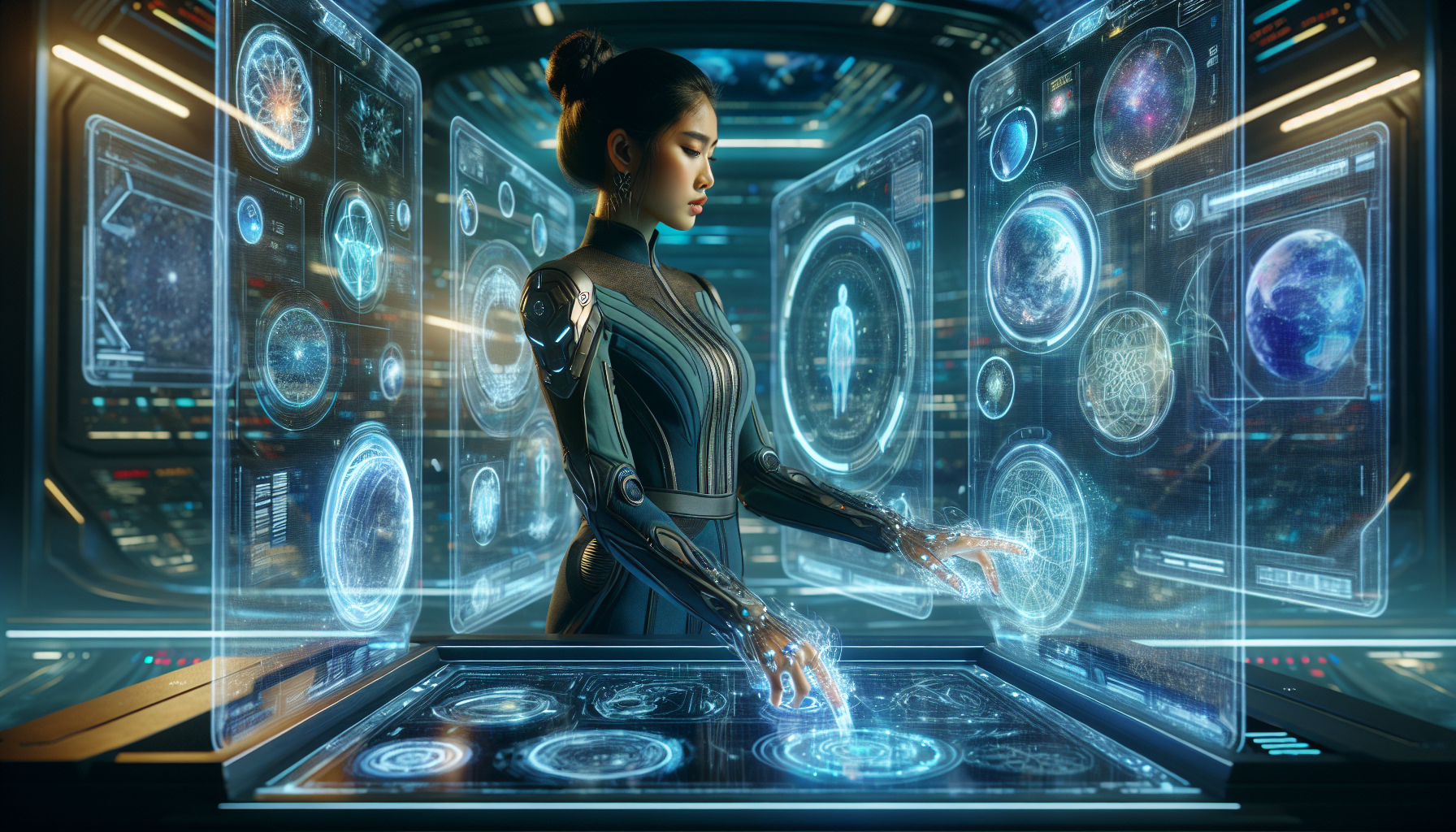 Futuristic Aquarius woman working with holographic screens and star charts