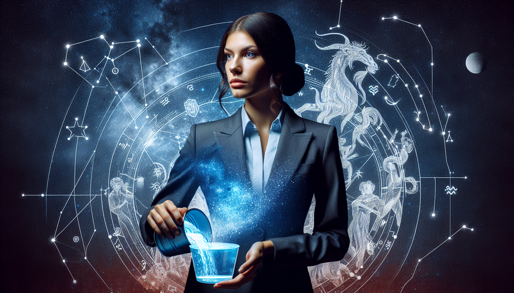 Aquarius woman in corporate attire with constellations forming behind her