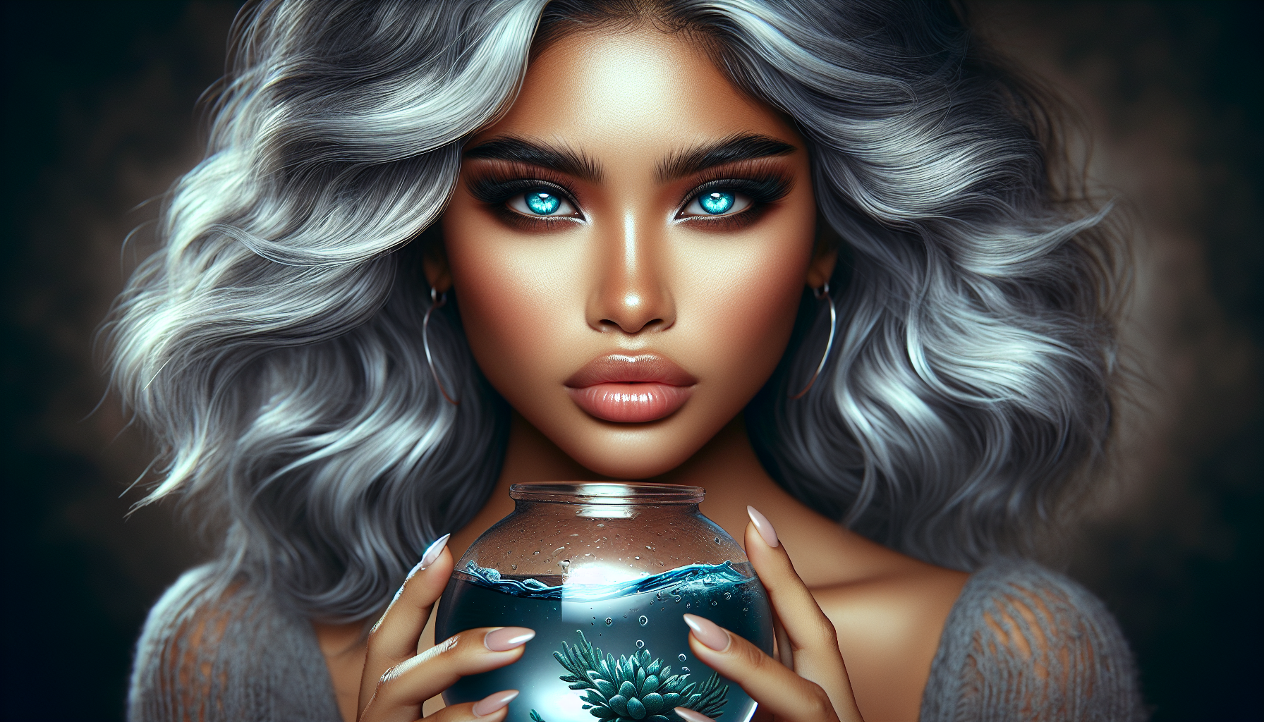 Beautiful Aquarius woman with silver hair and glowing aqua eyes
