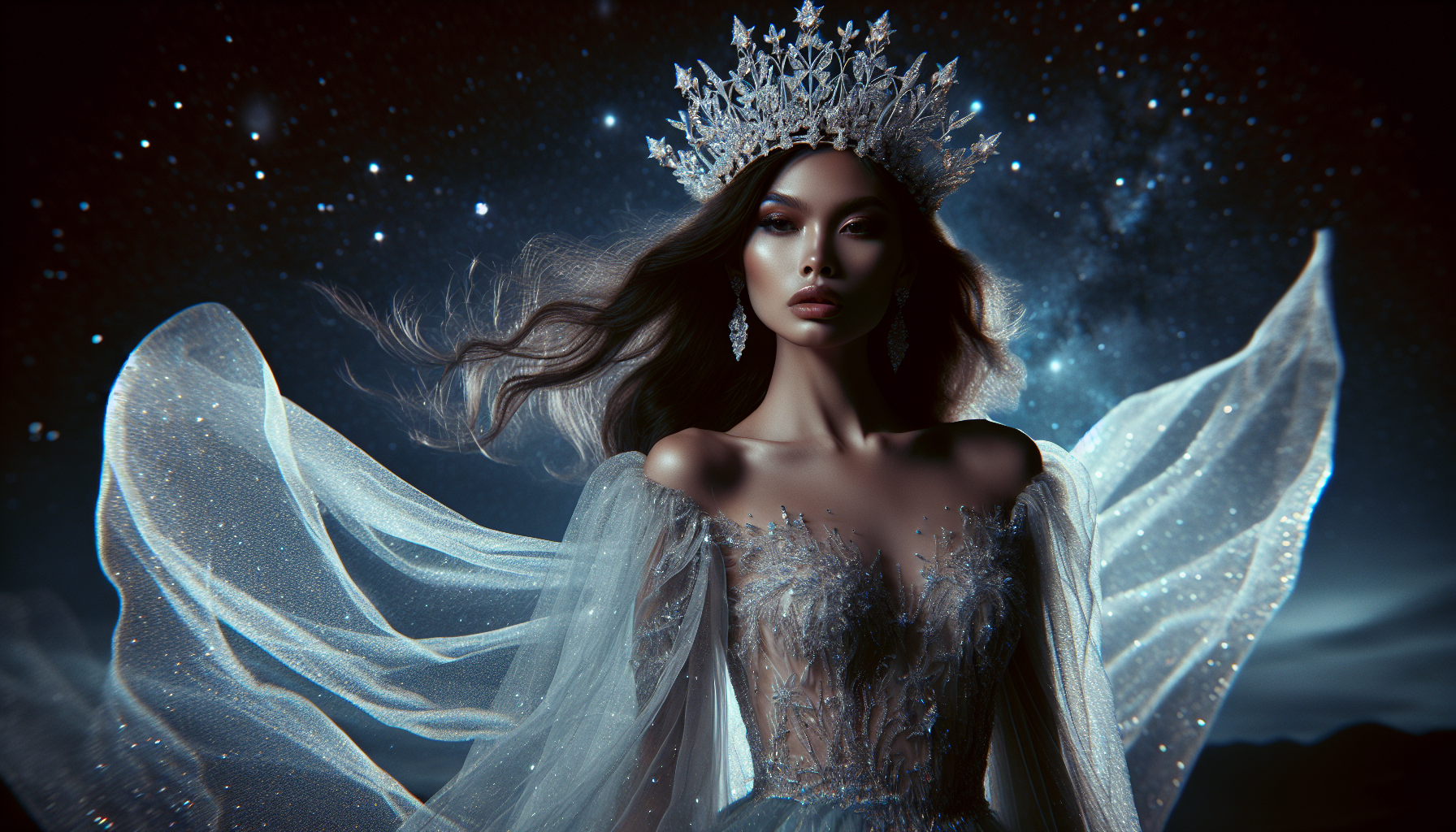 Aquarius woman in crystal crown, starlight gown flowing in wind