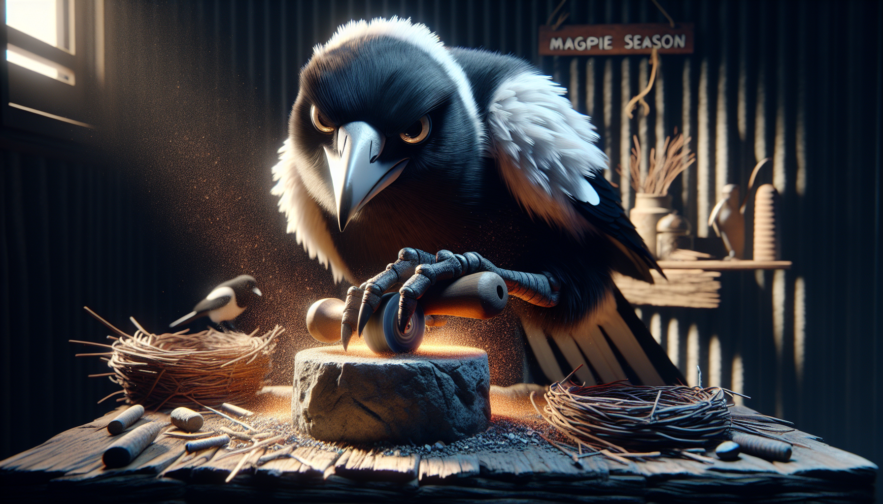 This hyperrealistic photograph features anthropomorphic  Pixar style image depicting an Australian magpie intensely sharpening its beak on a weathered, revolving grinding stone, sparks flying off momentarily illuminating its focused expression. The magpie, gazes directly at the viewer with a subtle, smug look. positioned near a meticulously crafted nest of interwoven sticks and twigs. In the background a small, hand-painted sign reads "MAGPIE SEASON" in rustic lettering. Hyperrealistic, intricately detailed, color depth, dramatic, side light, Cinematic film still, shot on v-raptor XL, film grain, vignette, color graded, post-processed, cinematic lighting, 35mm film, live-action, best quality, atmospheric, a masterpiece, epic, stunning, dramatic, HDR, 8K resolution, dynamic lighting, hyperdetailed intricately detailed, triadic colors, volumetric lighting