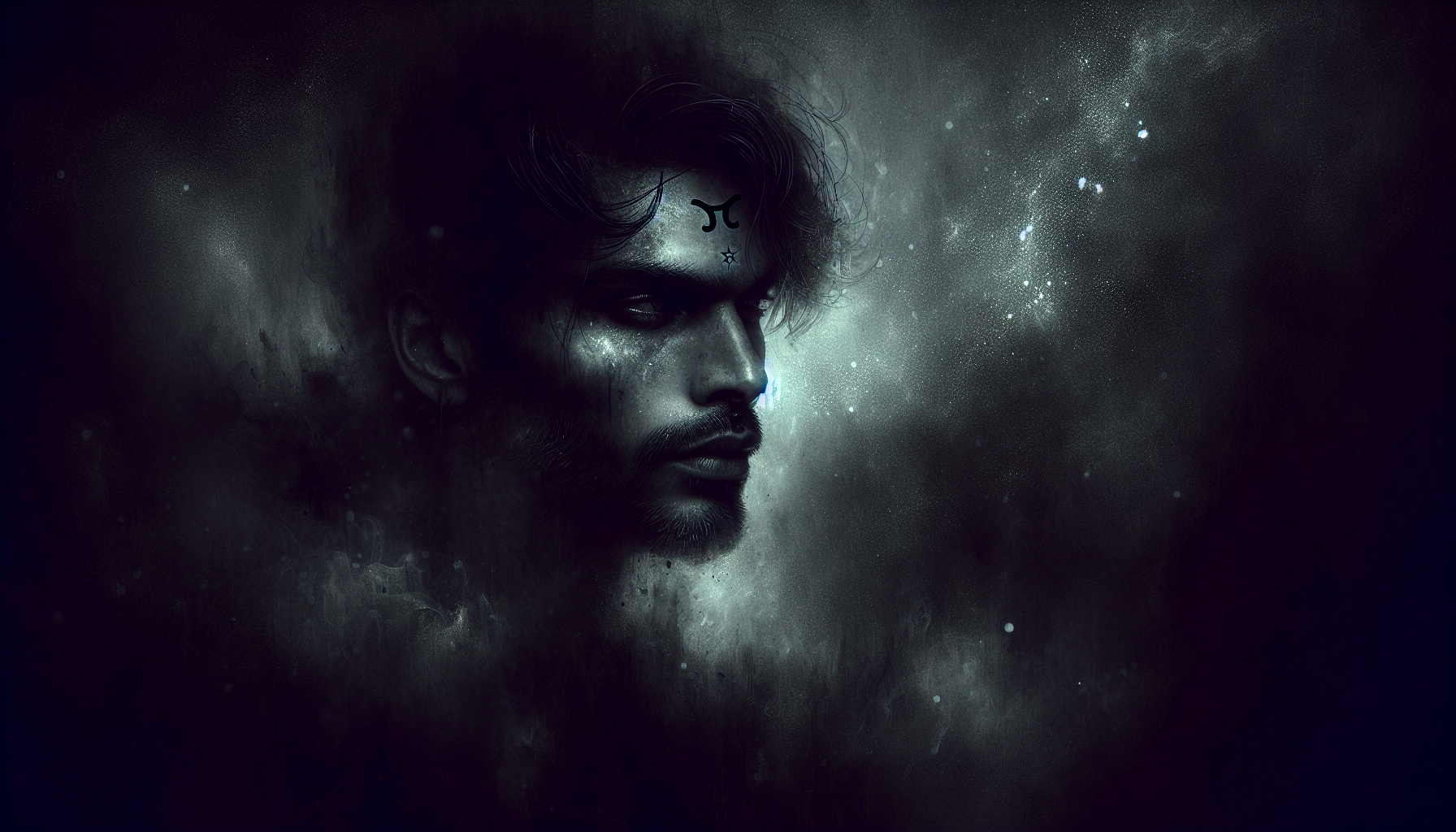 Dark portrait of a man with Taurus glyph carved on his forehead, faint starlight in background