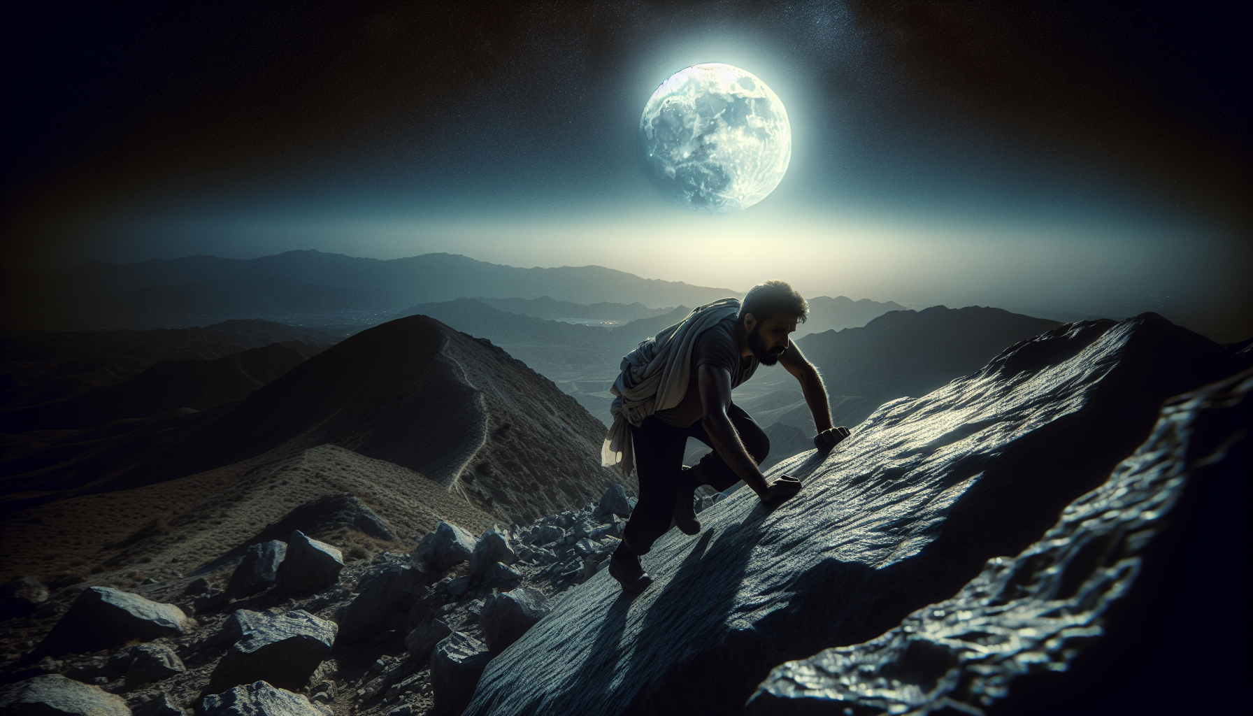 Persistent Taurus man climbing rocky hills at night with dim moonlight