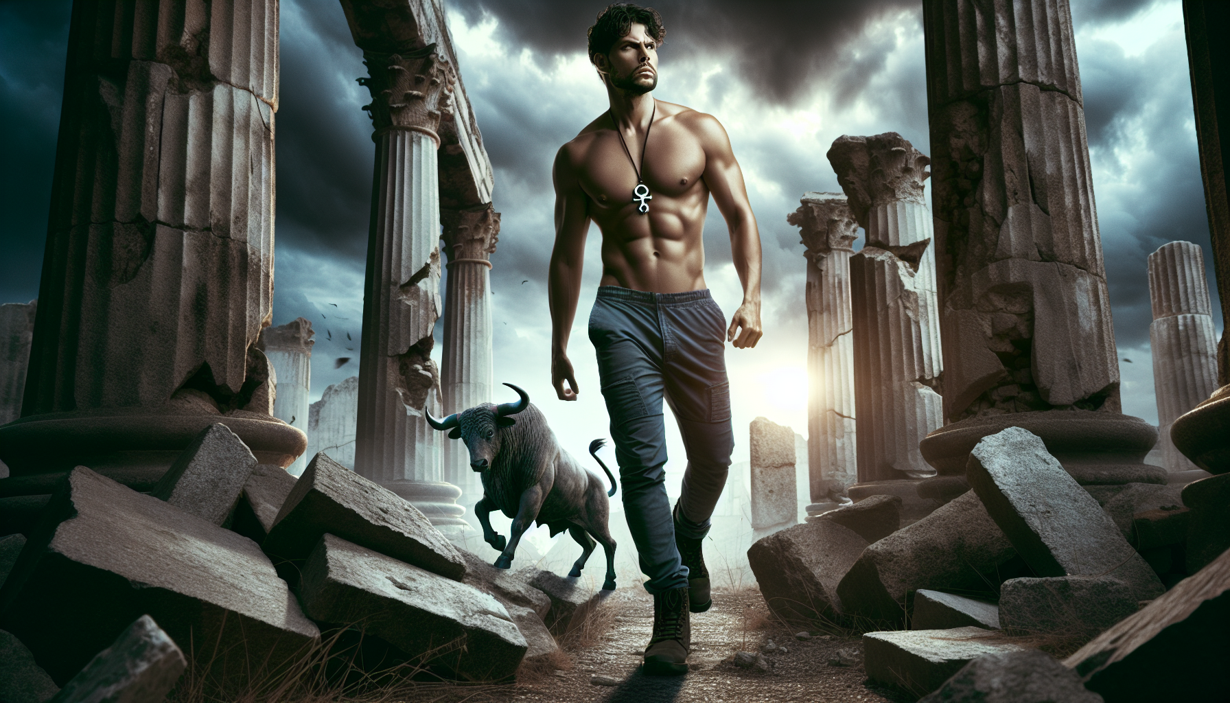 Determined Taurus man walking through ruins under dim sky