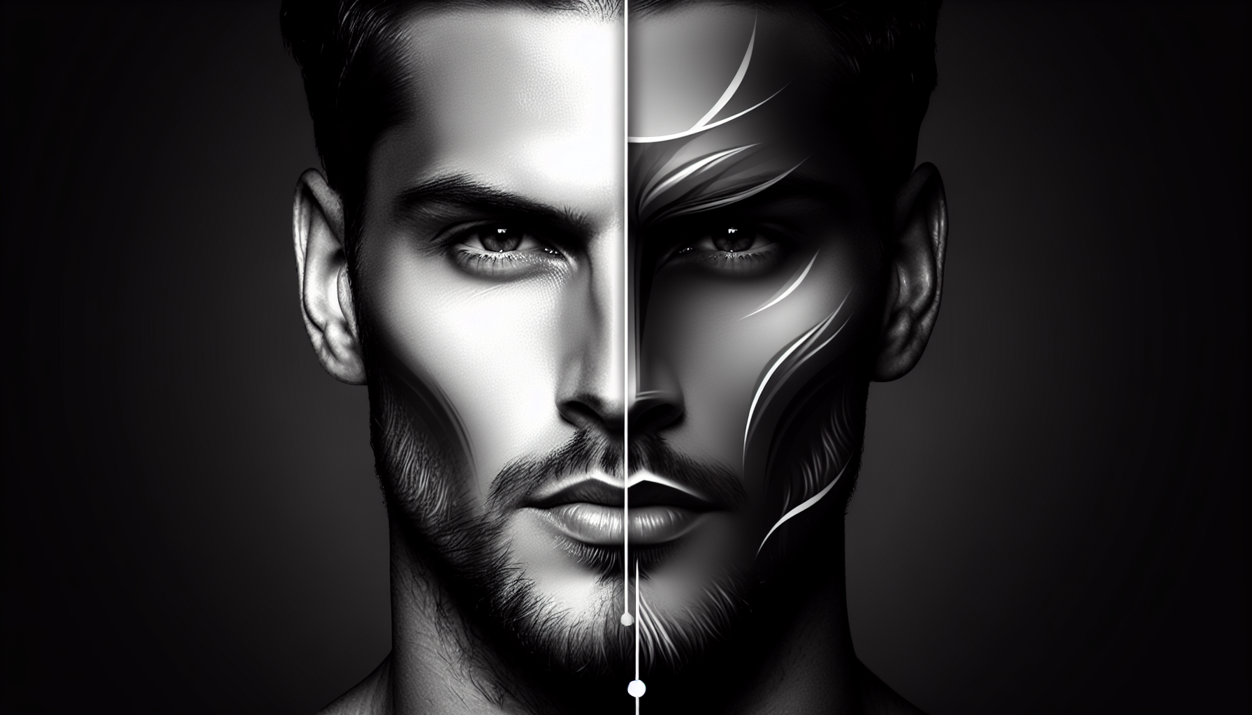 Taurus man with sharp jawline, shadows covering half his face