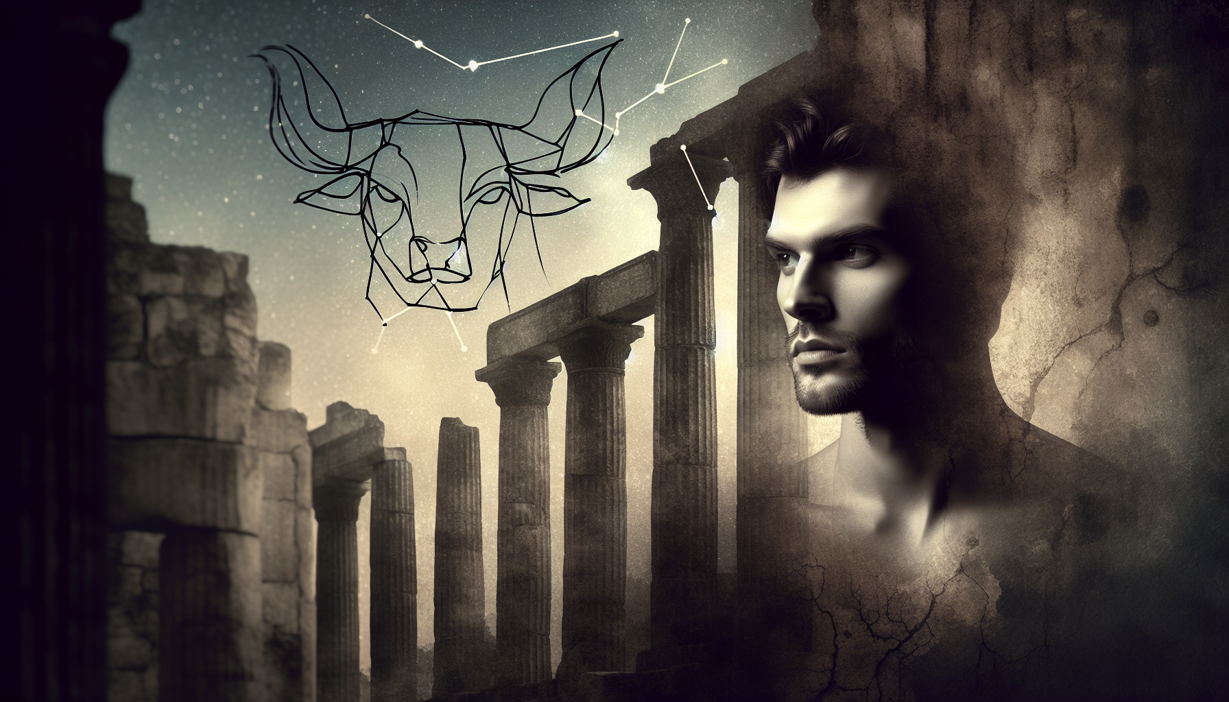 Shadowy Taurus man standing in temple ruins with faint constellation above