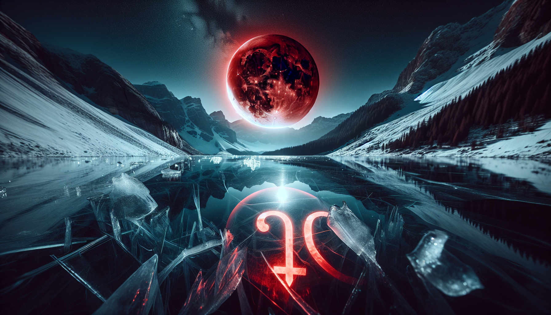 Blood-red moon reflected in icy mountain lake, Capricorn symbol glowing beneath the water