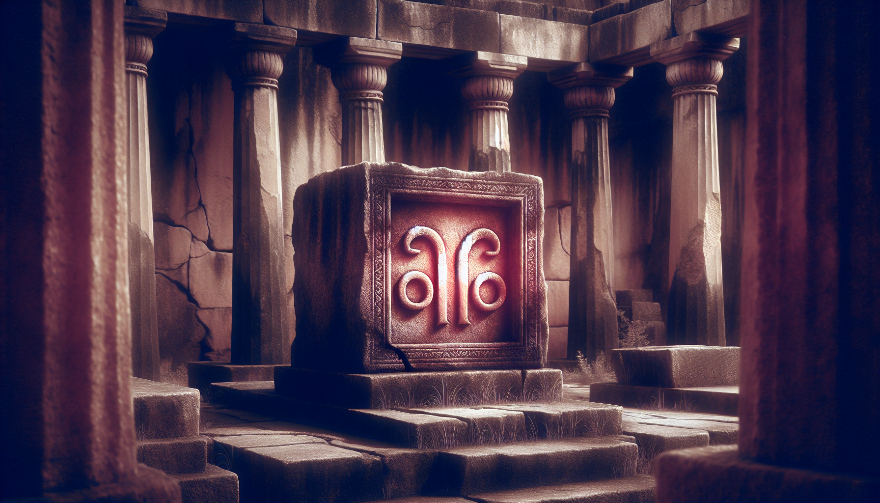 Ancient temple pillars with Capricorn glyph glowing faint red
