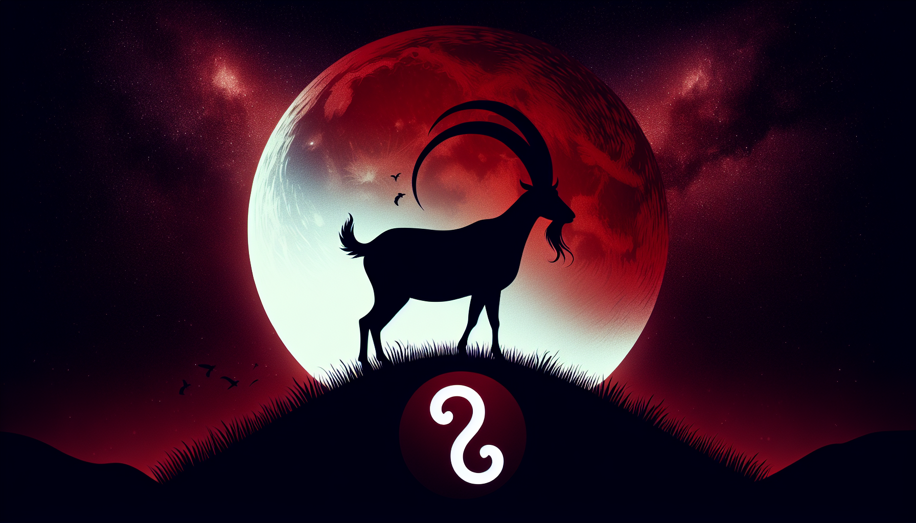 Dark silhouette of Capricorn goat standing tall under blood moon