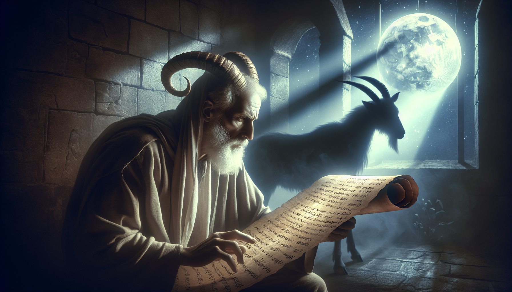 Capricorn elder reading prophecy scroll lit faintly by lunar light