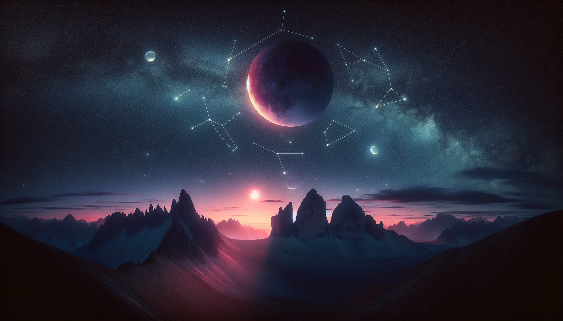 Dark mountainous horizon with Aries constellation above during lunar eclipse