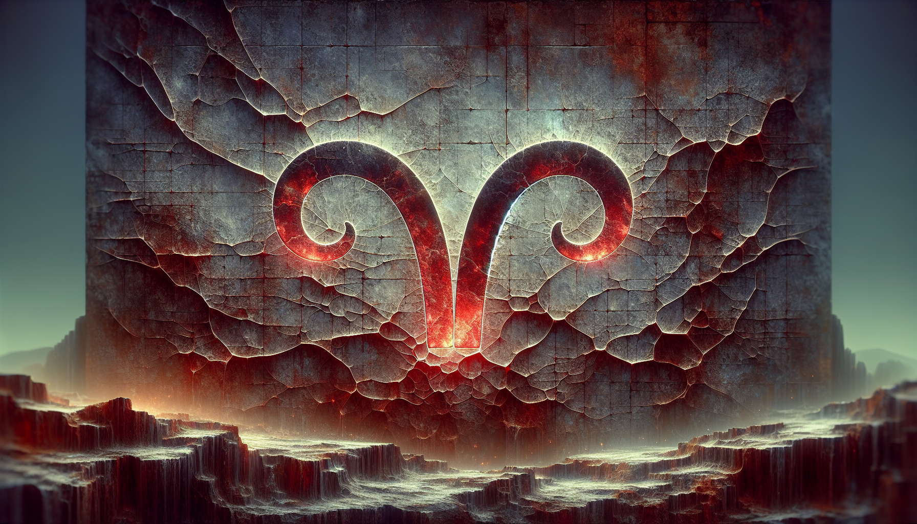 Aries glyph etched on cracked wall glowing faint red during eclipse