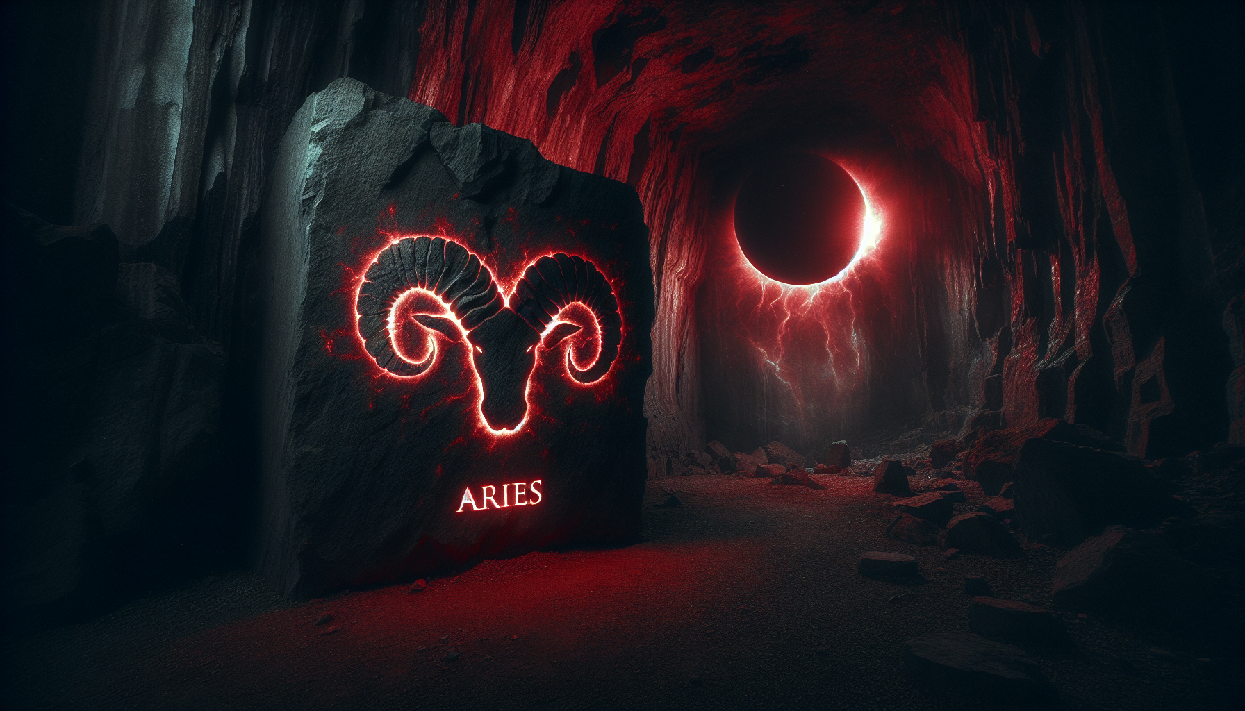 Dark cave wall with Aries symbol illuminated by crimson eclipse light