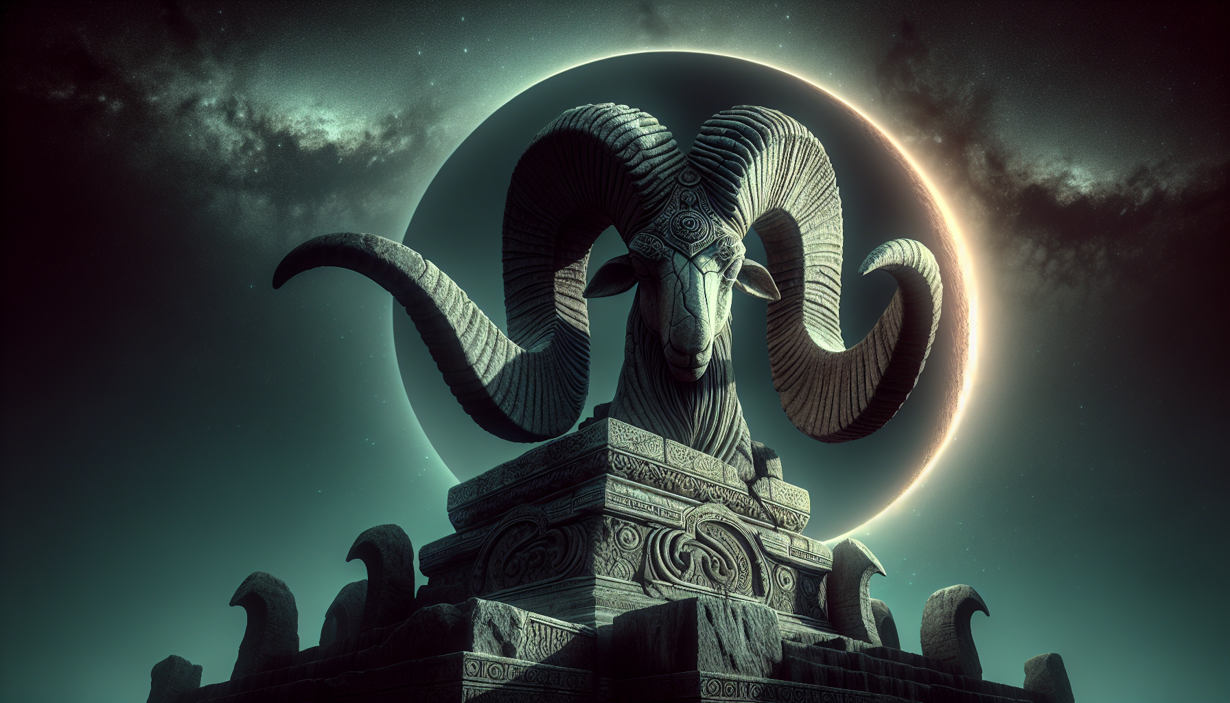 Ram horns carved in stone, glowing faintly under eclipse moonlight