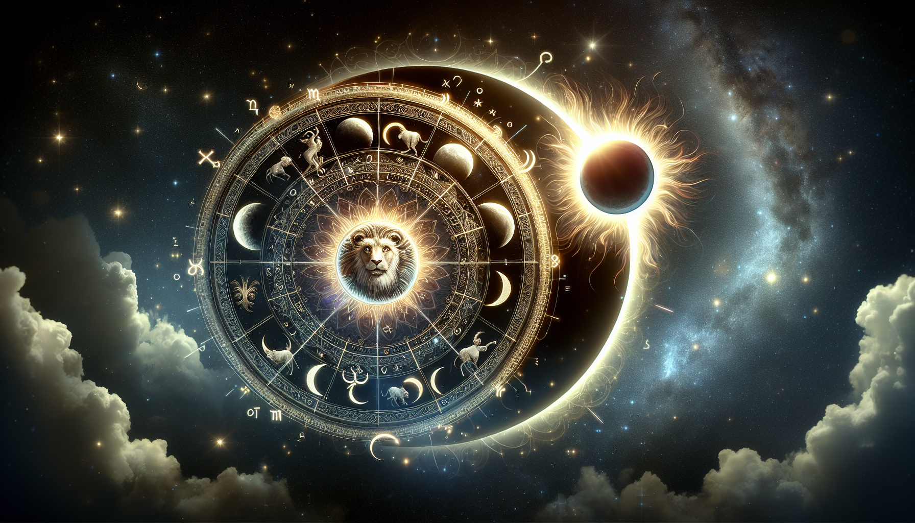 Cosmic wheel faintly glowing, Aries section highlighted during eclipse