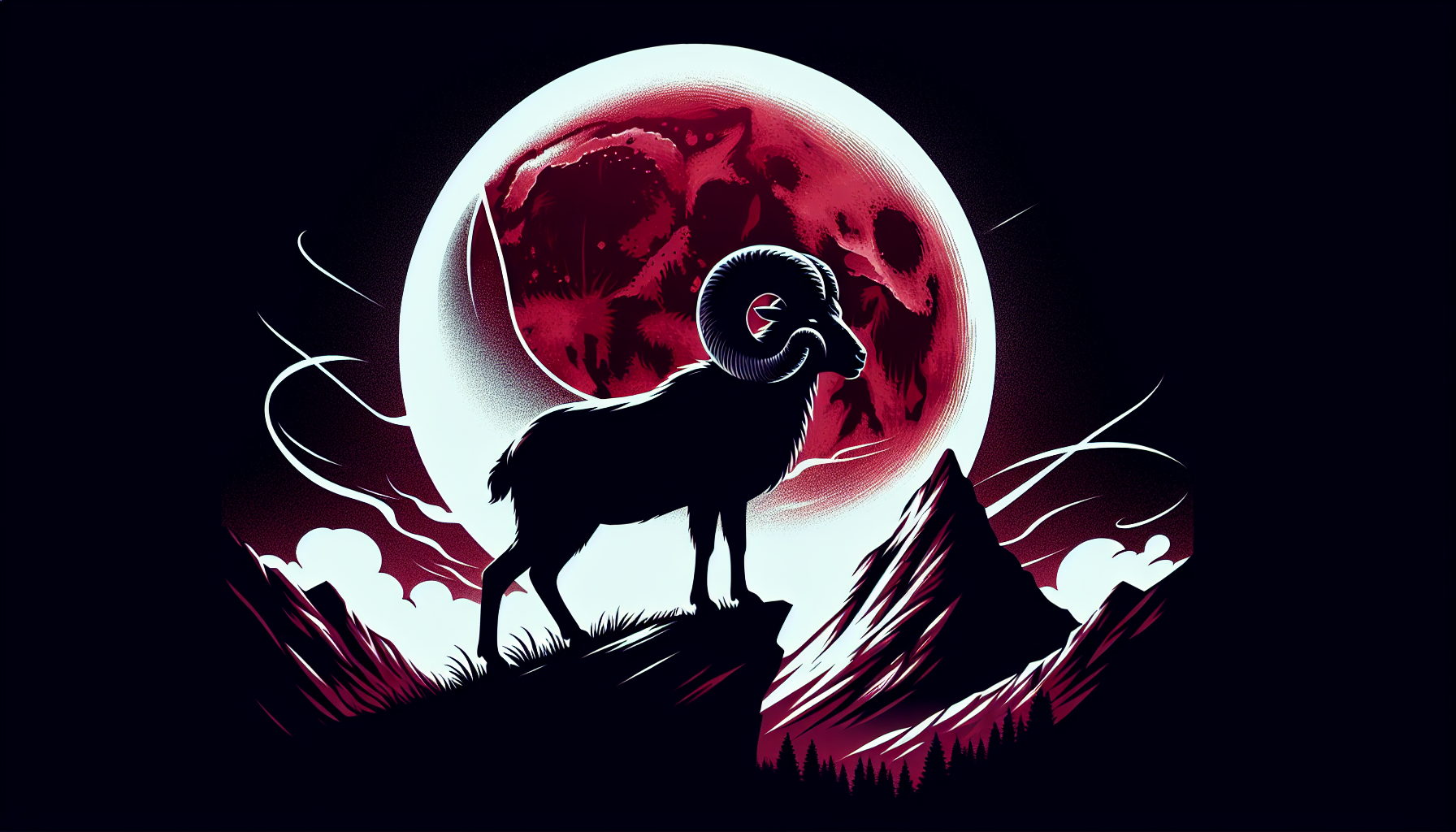 Ram silhouette standing tall on mountain under blood moon eclipse
