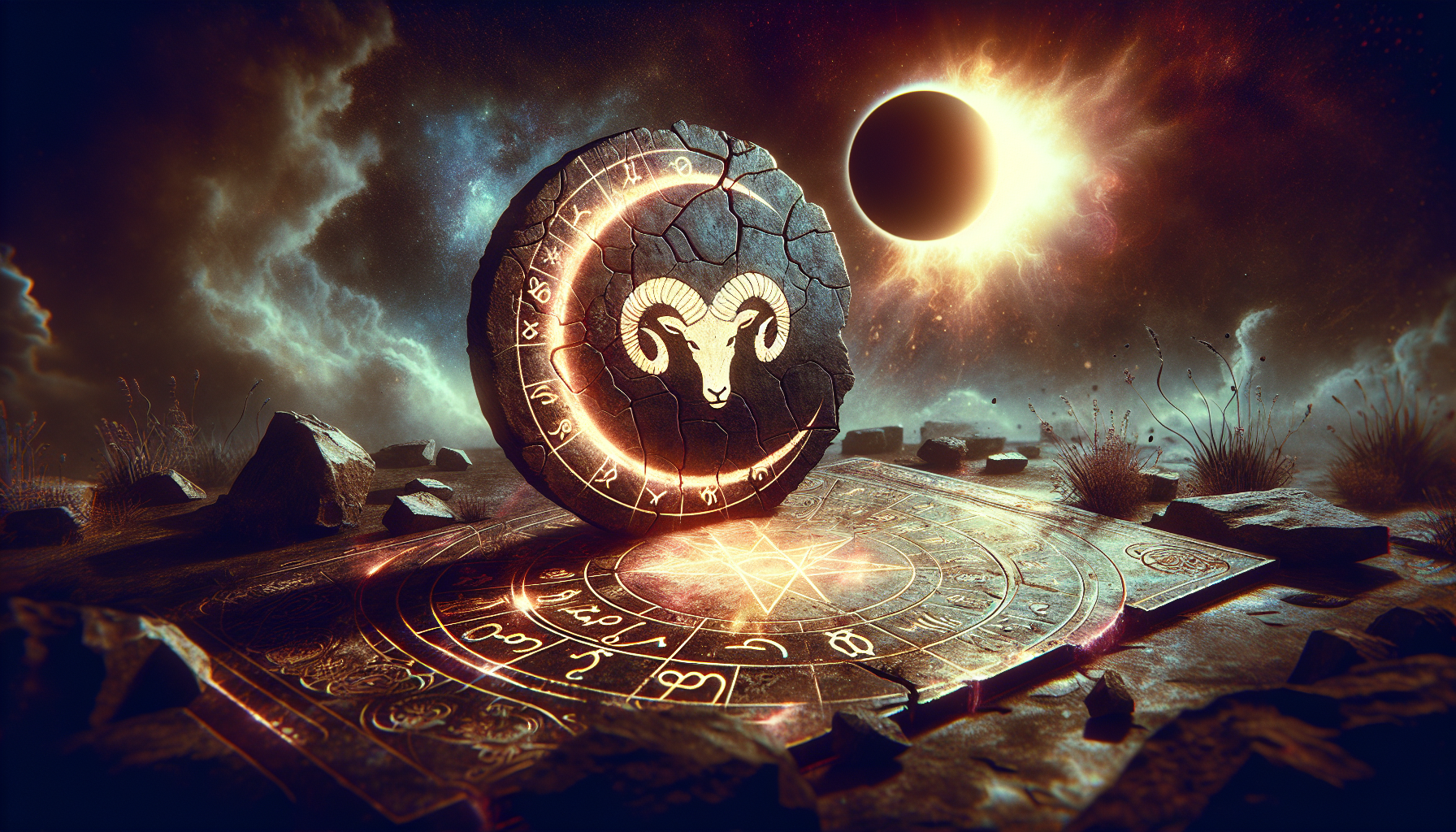 Broken zodiac tablet glowing faintly with Aries symbol under eclipse