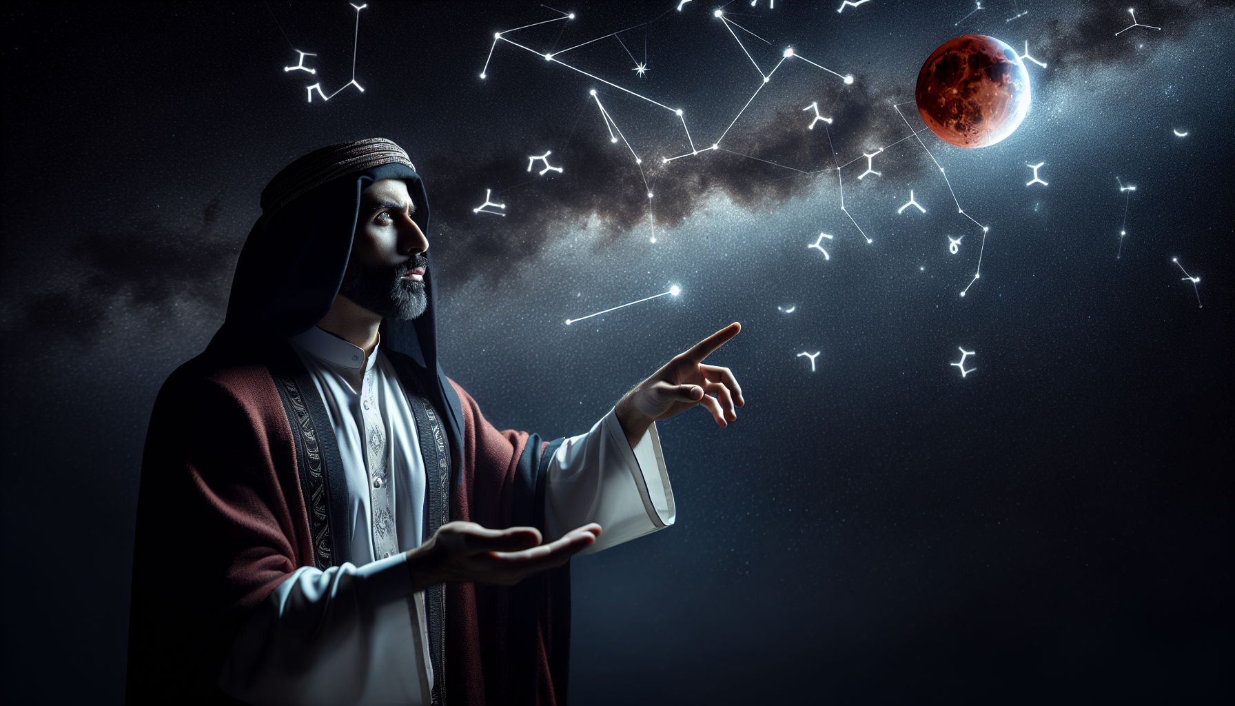 Astrologer pointing at blood moon with Aries constellation glowing above
