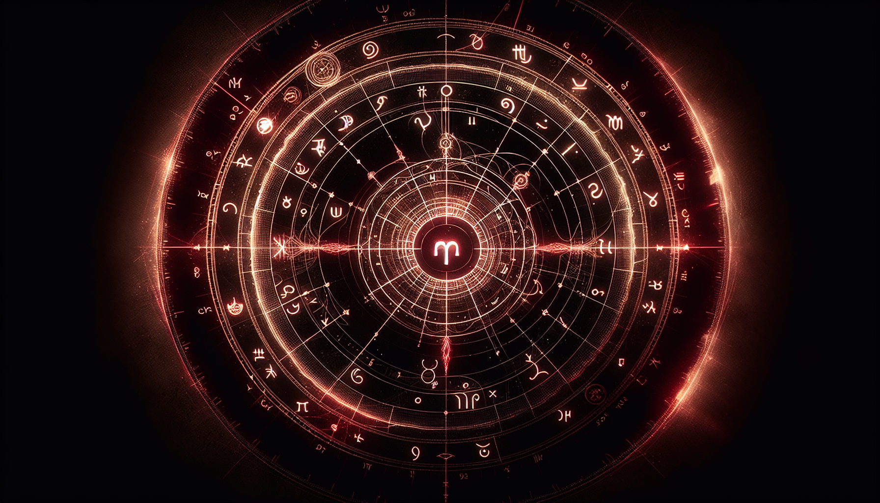 Astrological destiny chart glowing faint red, Aries highlighted