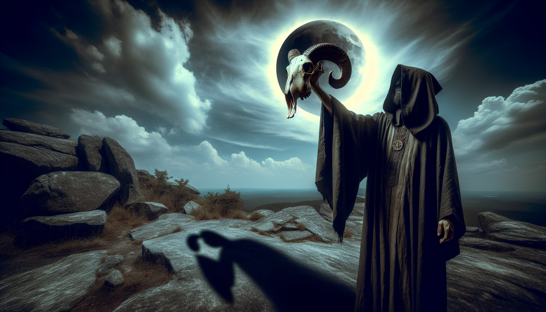 Cloaked prophet holding ram skull under eclipse sky