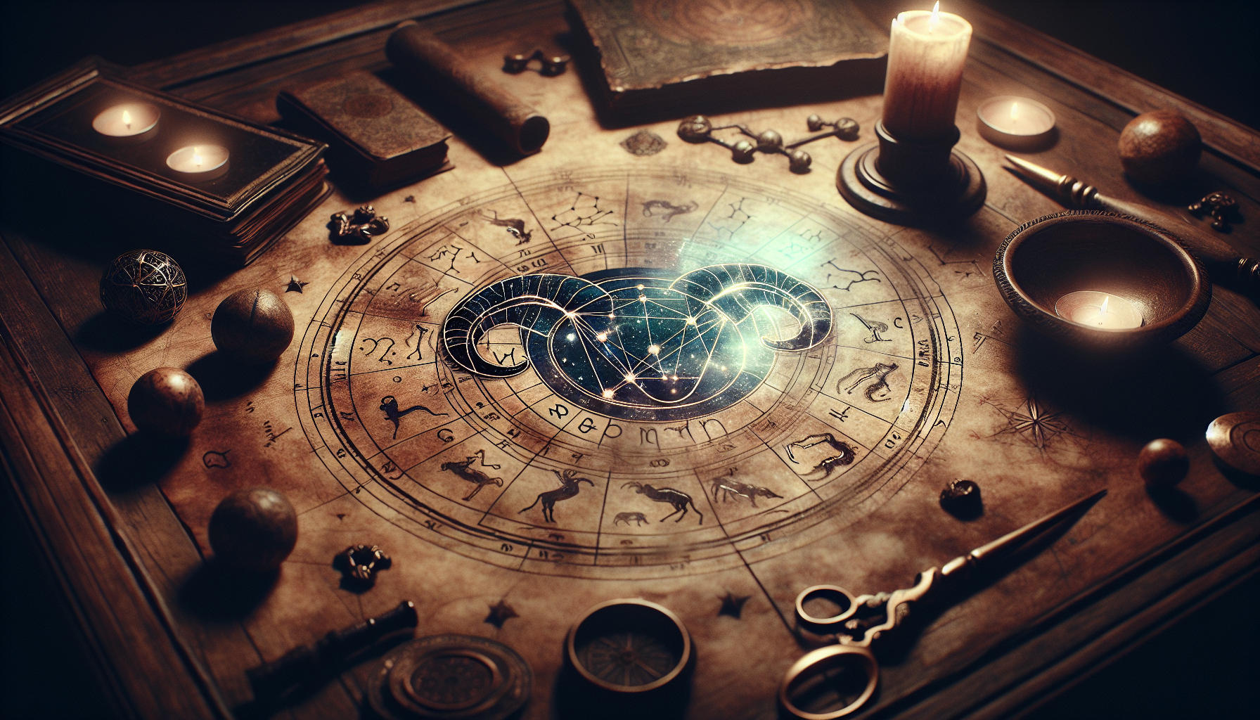 Oracle’s table with Aries glyph glowing faintly on astrological map