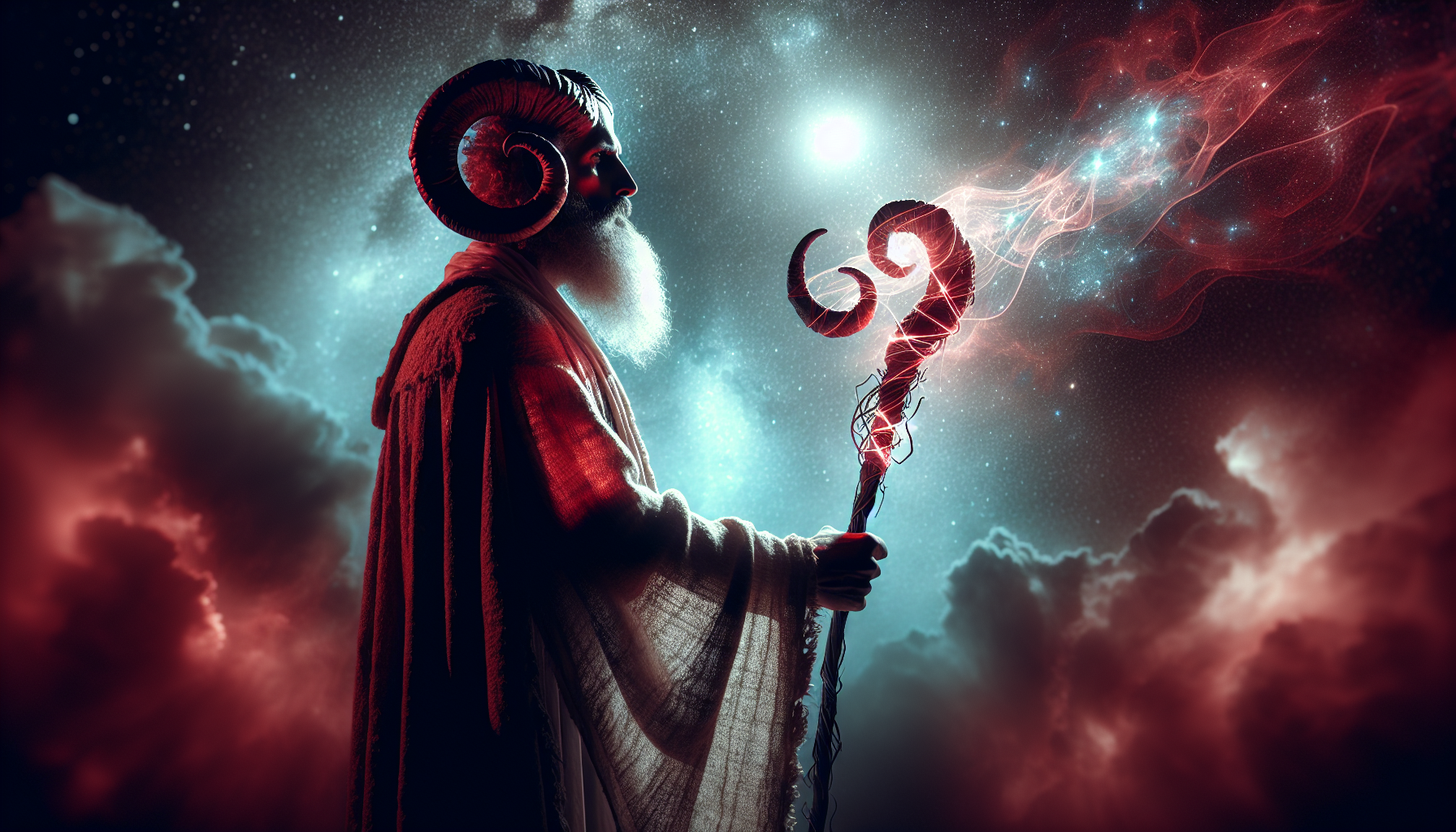 Aries prophet raising staff shaped like ram horns glowing faint red