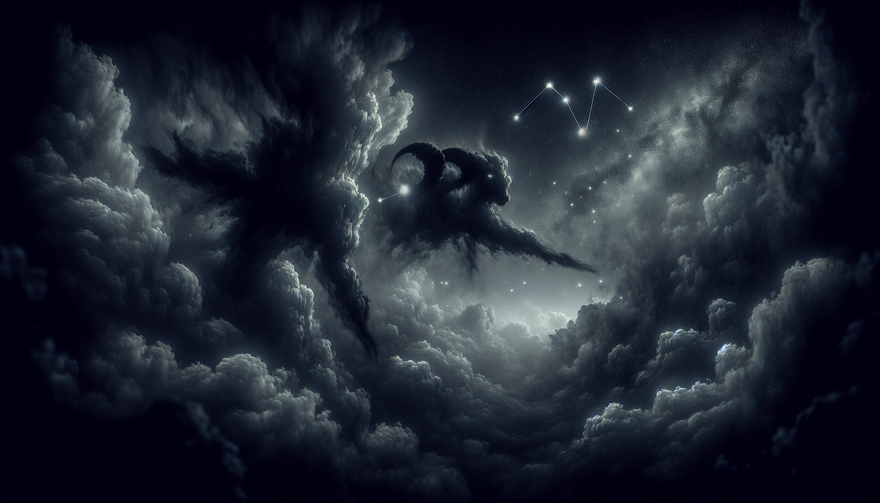 Dark apocalyptic sky with Aries constellation glowing faintly