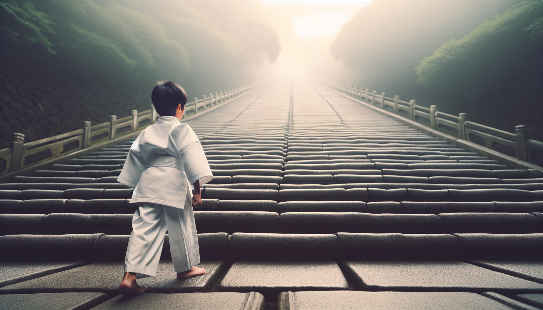 a kid  aïkidoka gi is climbing stairs 