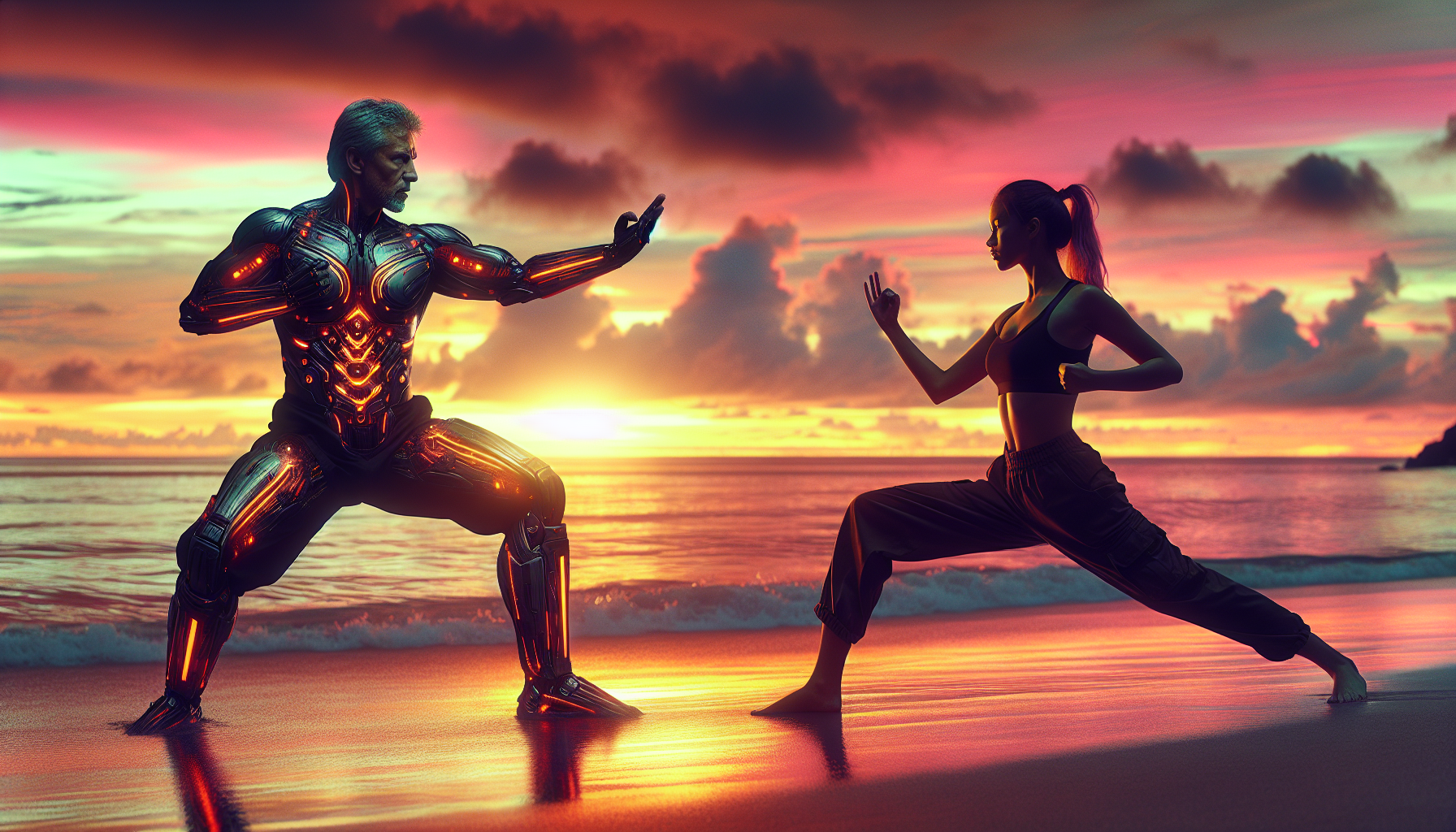 on the tropical beach a sunset a master and his studen a training martial art
 