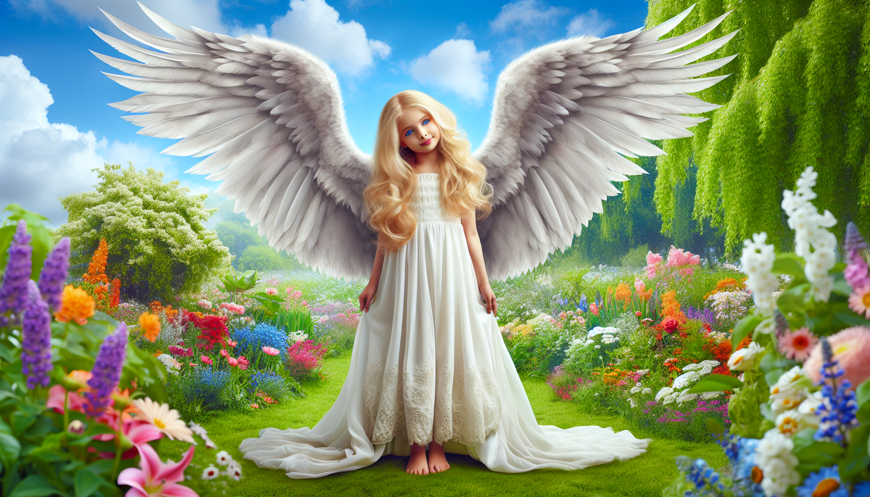 cute angel girl,blonde hair,white wings,dress.grass,flowers,sky,trees