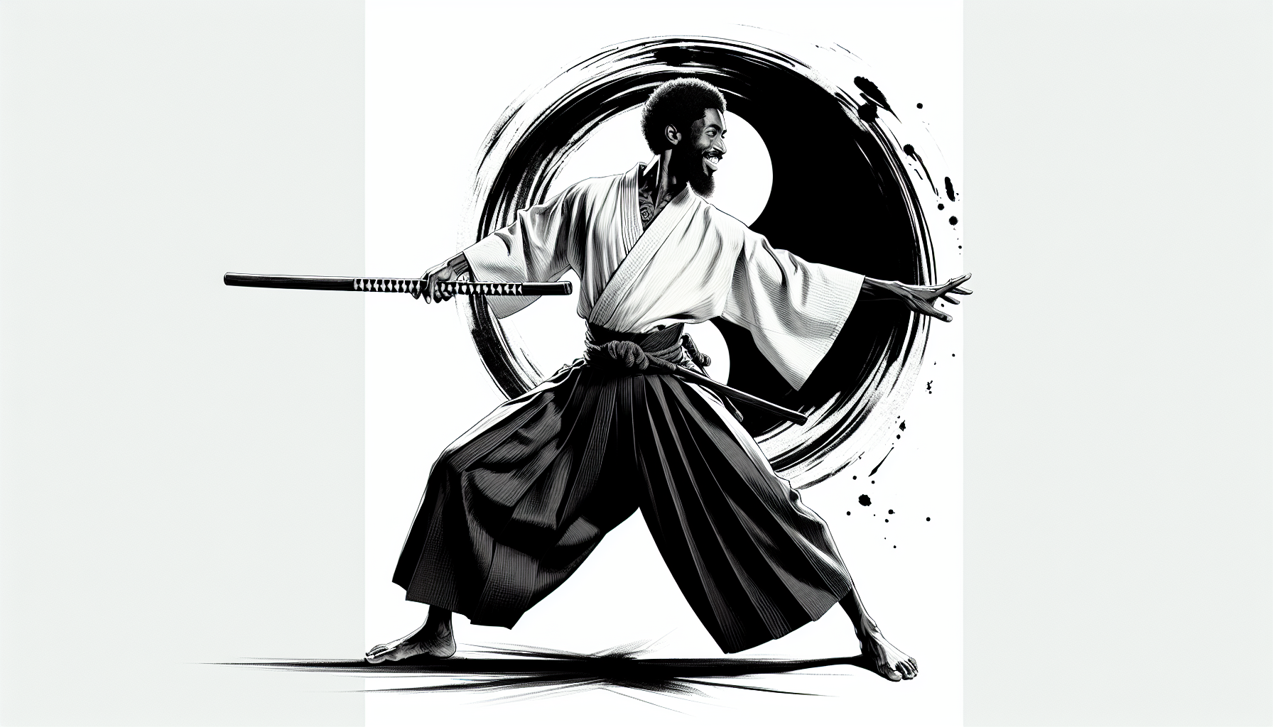 very awa, masterpiece, best quality, newest, highres, absurdres, 
(fantasy), (dynamic), manga, solo,  caribean man , 1boy,warrior stance, full body,  stylized anime screencap,  detailed kimono, only white kimono jacket long sleeves, only black kimono wide pleated pants, seven pleats, three in front on the left, two in front on the right and two in the back, fitted with a rigid backrest, , holding wooden , weapon, oriental, ink blot, black ink circle painted rought, white background , attack , bearfoot, smiling mouth, 