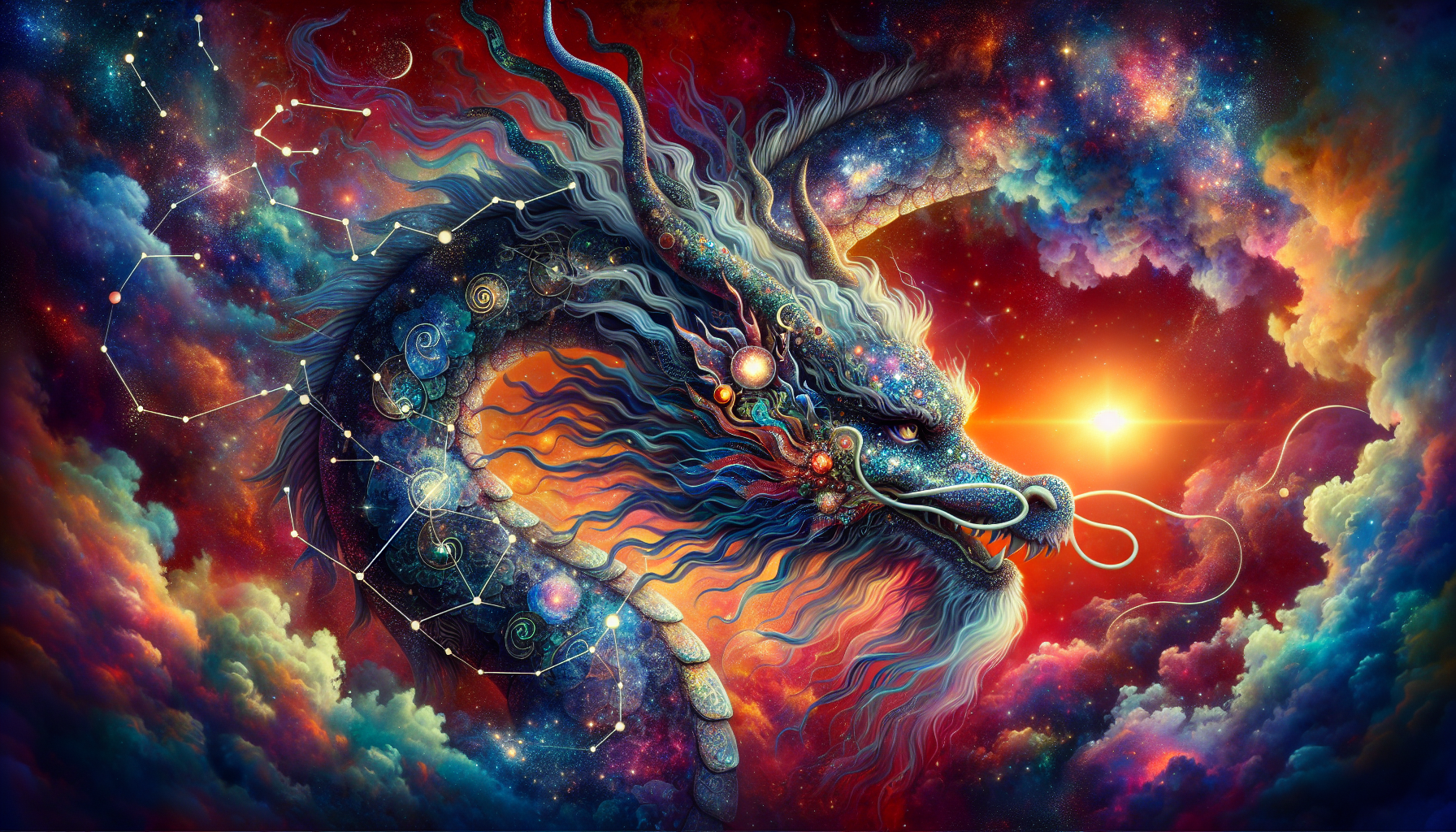 a female chinese astronomical, astrological colorful dragon
