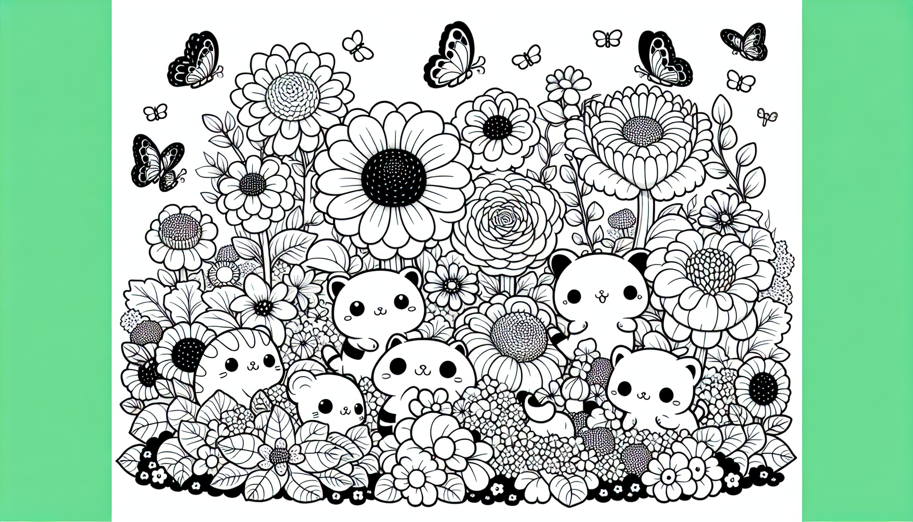 Cute cartoon animals in a garden with large flowers and butterflies — simple kawaii cartoon, black outlines only, white inside, no shading