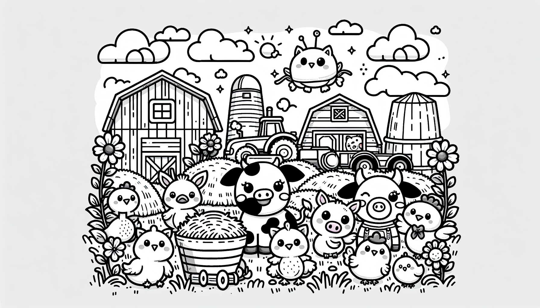 Cute cartoon animals on a farm with a barn, hay, and a tractor. Coloring book page, black outlines only, white inside, no shading, kawaii cartoon line art.