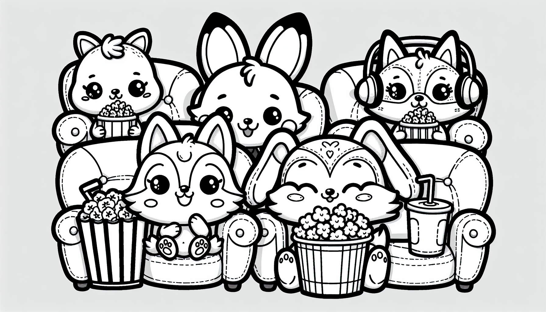 Cute cartoon animals watching a movie, holding popcorn and drinks, sitting in cinema chairs. Coloring book page, black outlines only, no color, no shading, kawaii cartoon line art.