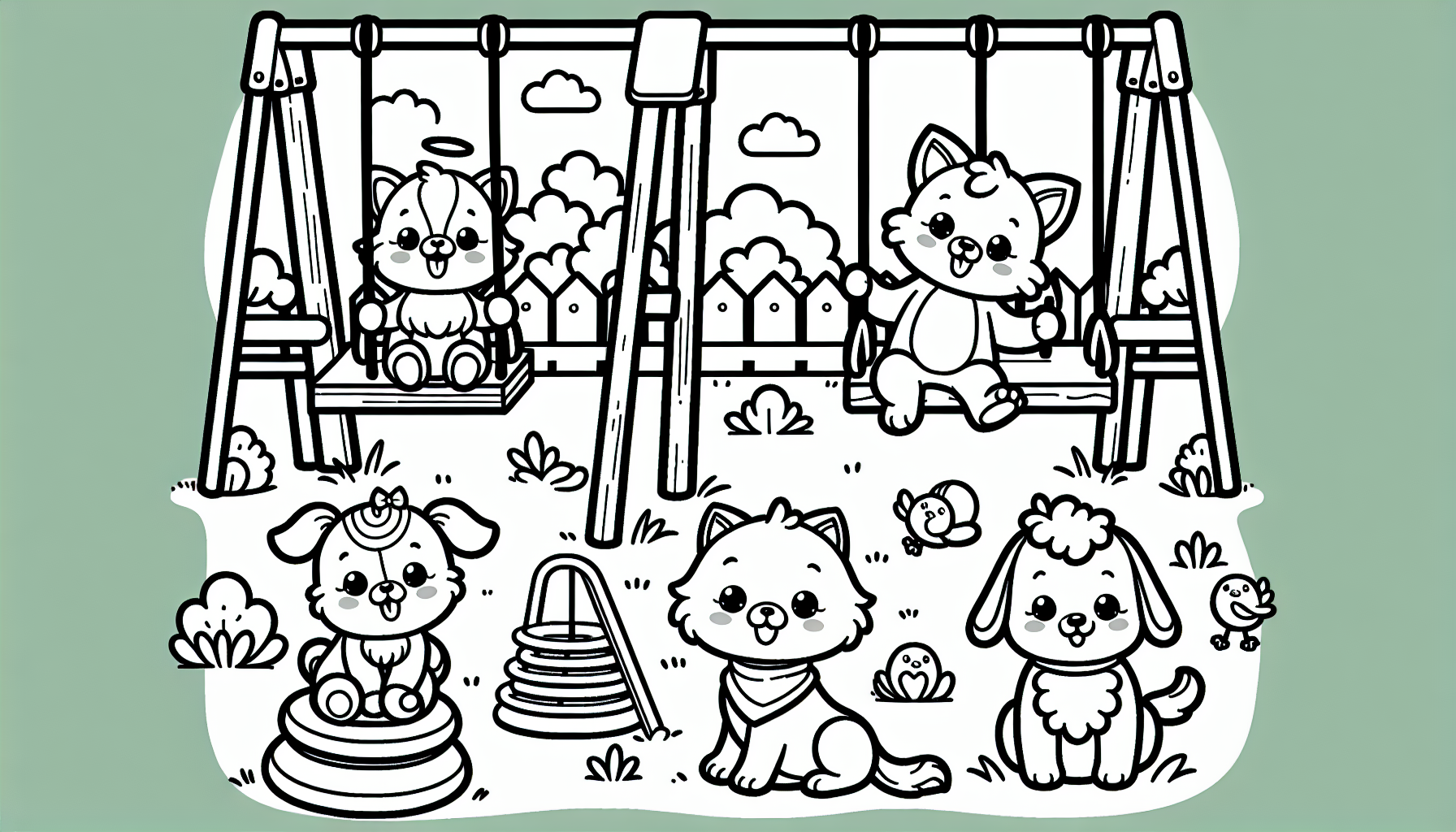 Schattige cartoon diertjes die spelen in een speeltuin met schommels, glijbanen en wipwap. Zwart-wit kleurplaat, alleen zwarte outlines, wit vanbinnen, geen kleur, geen schaduw, eenvoudige kawaii cartoon stijl