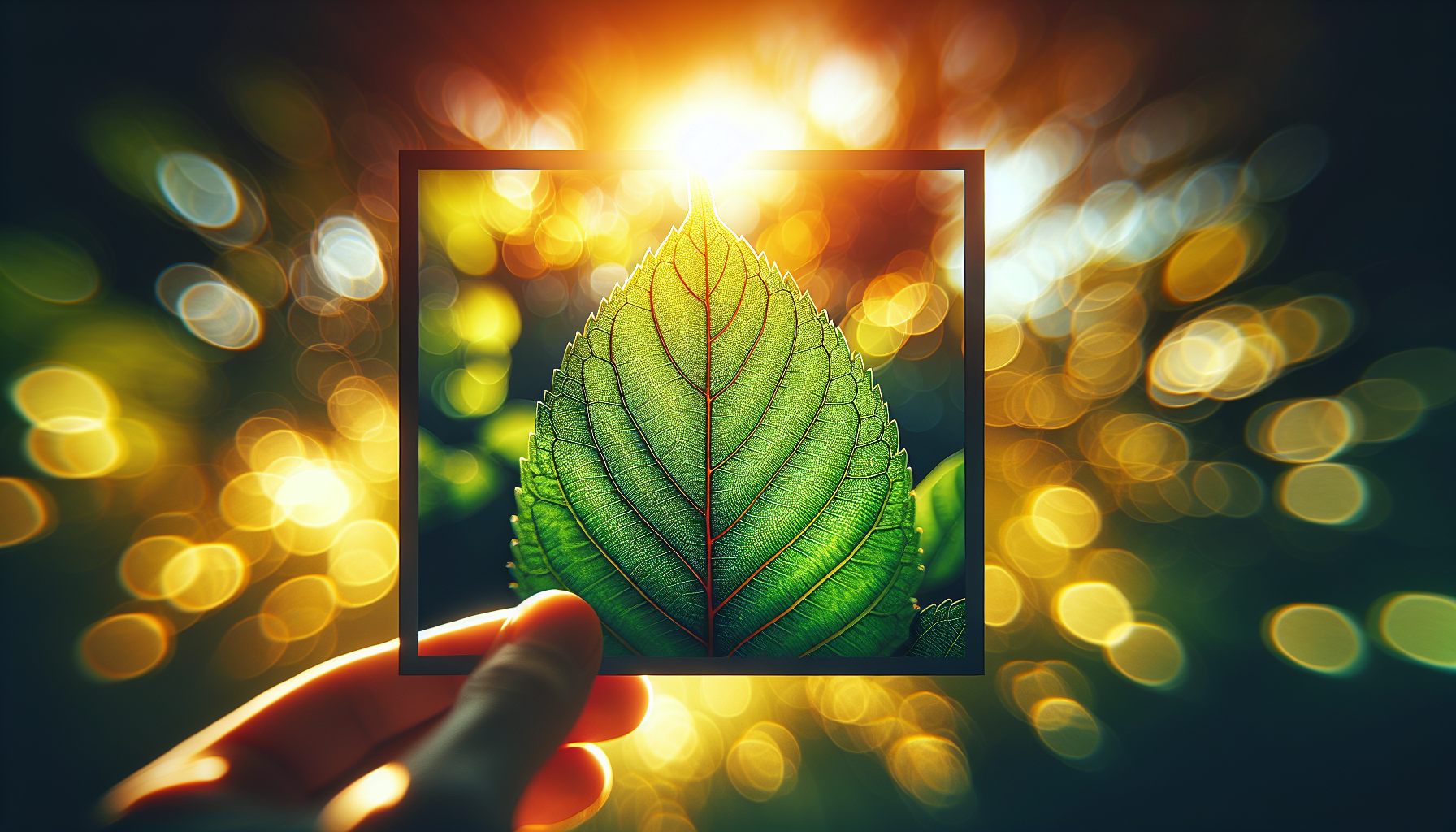 Close-up of a vibrant green leaf in sharp focus, bathed in warm sunlight from behind, creating a bokeh effect in the background, taken during a sunny summer afternoon.