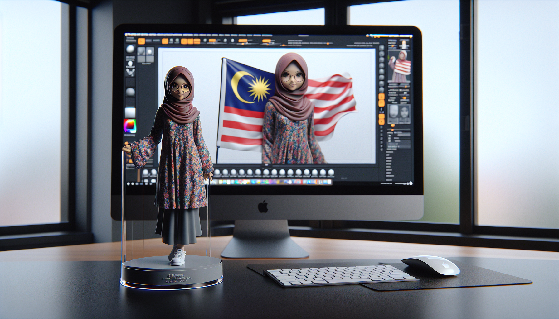 A realistic photograph of a 1/7 scale commercial figurine based on the girl from the reference photo.  
Scene: a tidy, modern computer desk at home.  
Figurine details:
• Pose matches reference (arms open, cheerful stance)  
• Outfits and accessories: floral long-sleeve blouse, flowing maroon hijab, round glasses, holding a miniature Malaysian flag behind her back, realistic cloth texture and subtle paint shading  
• Scale: 1/7, standing ≈ 23 cm tall  
• Mounted on a simple round, transparent acrylic base with NO text or logo  
Desk environment:
• Matte-black monitor displaying an open ZBrush workspace, viewport shows the digital sculpt of this figurine in progress (grey clay material, visible sub-tools, symmetry lines)  
• Beside the monitor: a sealed, Bandai-style toy box standing vertically, glossy cardboard  
 – Front panel: clean two-dimensional flat illustration of the same girl, bright pastel background, simple cel shading, bold outlines  
 – Side panel: product photos and legal info (blurred)  
Lighting & camera:
• Natural daylight from window on the left, softbox fill on the right, gentle shadows  
• 35 mm lens, f/2.8, slight depth of field isolating the figurine, bokeh in background  
• Color grading: neutral, slight warm highlights  

Aspect ratio 3:2, 4K resolution, ultra-realistic textures, physically-based rendering