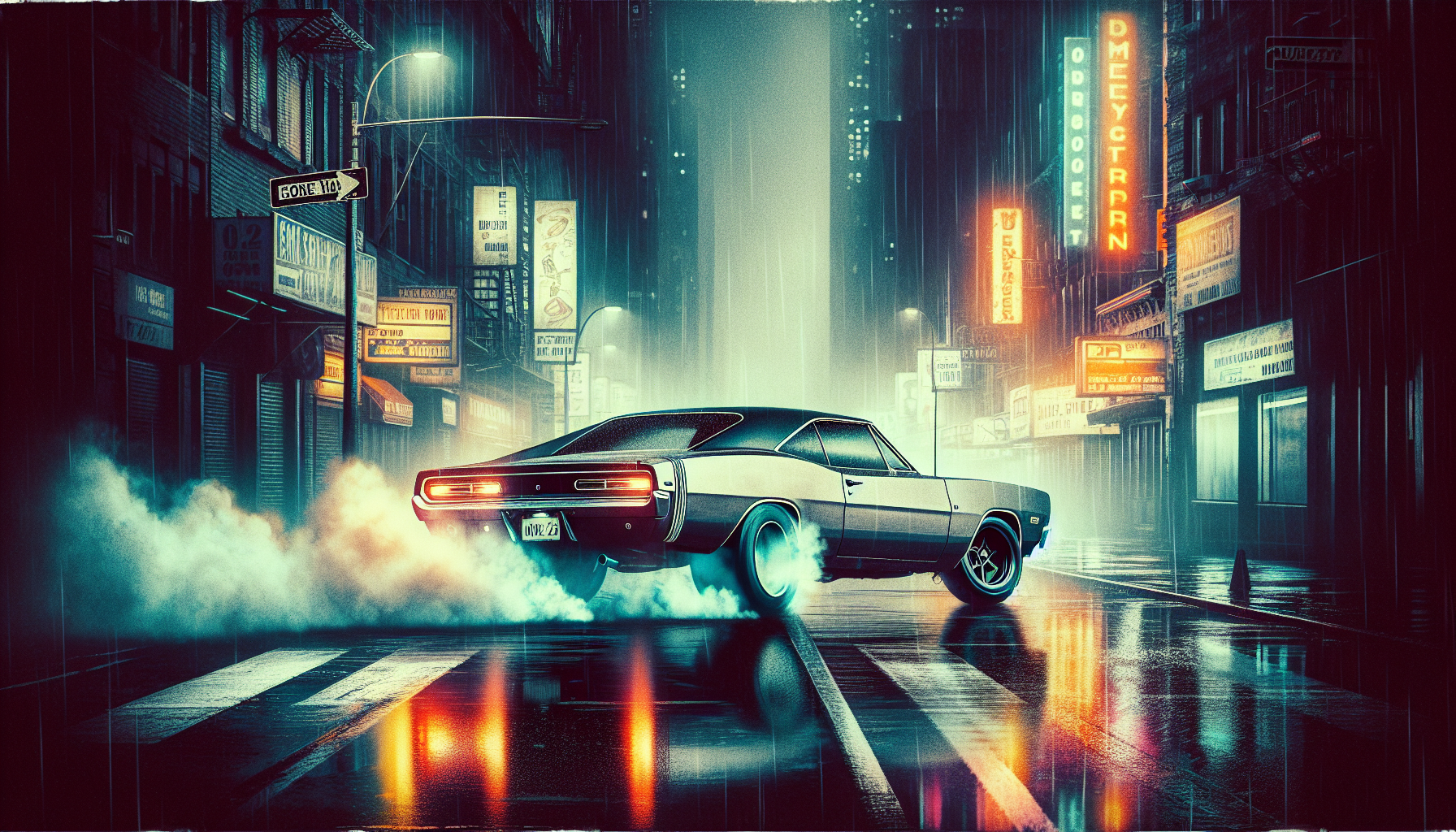 1969 Ford Mustang 302, classic American muscle car, peeling out with smoke and burning rubber, big city street at night, neon lights reflecting on wet pavement, no signs, cinematic angle, dynamic motion blur, gritty urban atmosphere, high detail, hyper-realistic, dramatic lighting, sense of power and speed