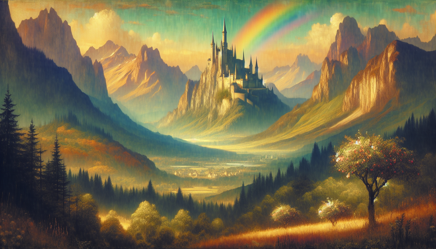 a mountain landscape with towering mountaintops, light of day, vivid light and a fade rainbow, a royal, majestic, mystical and magical castle is towering above all else, fruitfull trees, romantic 