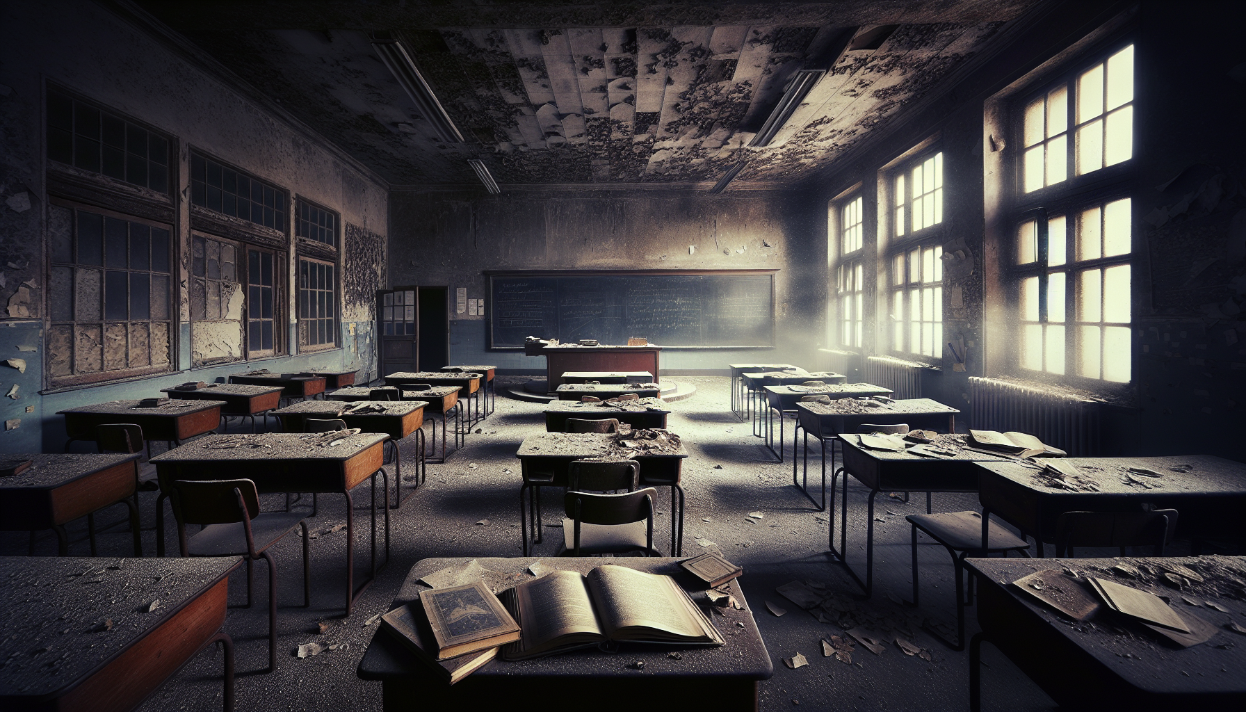 A deserted classroom with dust and old books scattered.